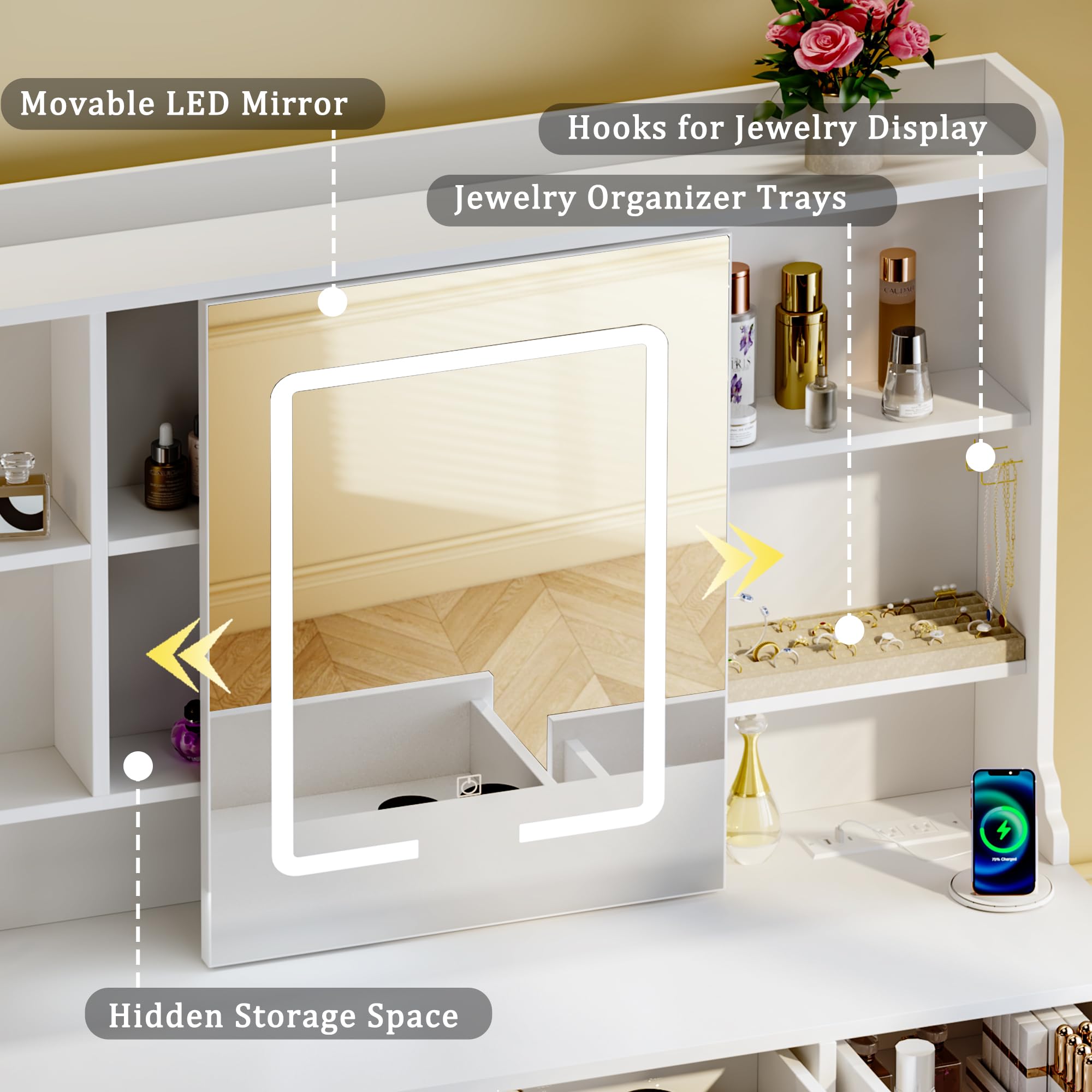 Vanity Desk with Mirror and Lights - Adjustable LED Mirror, 3 Lighting Modes, 5 Drawers & 2 Storage Cabinets - White Dressing Table for Bedroom, Makeup & Beauty Room Organization