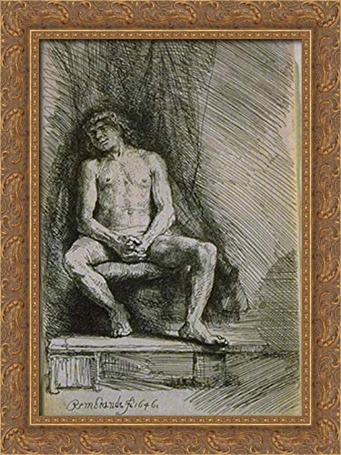 Rembrandt Seated Nude Man Before Curtain - 18x24 Inch Gold Ornate Wood Framed Canvas Art Print - Classic Dutch Masterpiece for Living Room, Bedroom or Office Decor