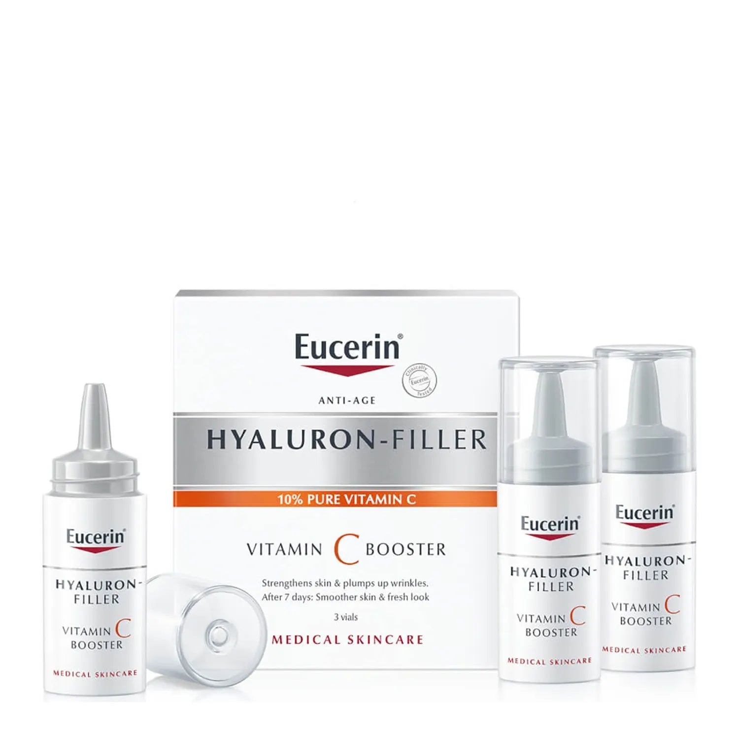 Eucerin Hyaluron Filler Vitamin C Booster Serum - 3 Vials x 8ml - Anti-Aging Face Treatment for Wrinkles & Fine Lines - Perfect for Daily Skincare Routine & Night Care