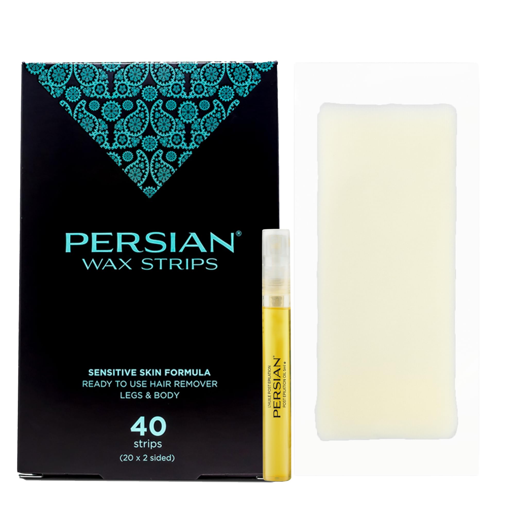 Persian Legs & Body Wax Strips (40 Strips) - Hair Removal Waxing Kit for Legs, Body, Bikini, Arms & Underarms with Soothing Aftercare Oil - Ideal for Smooth Skin at Home, Salon or Travel - Pack of 1 (CSB)