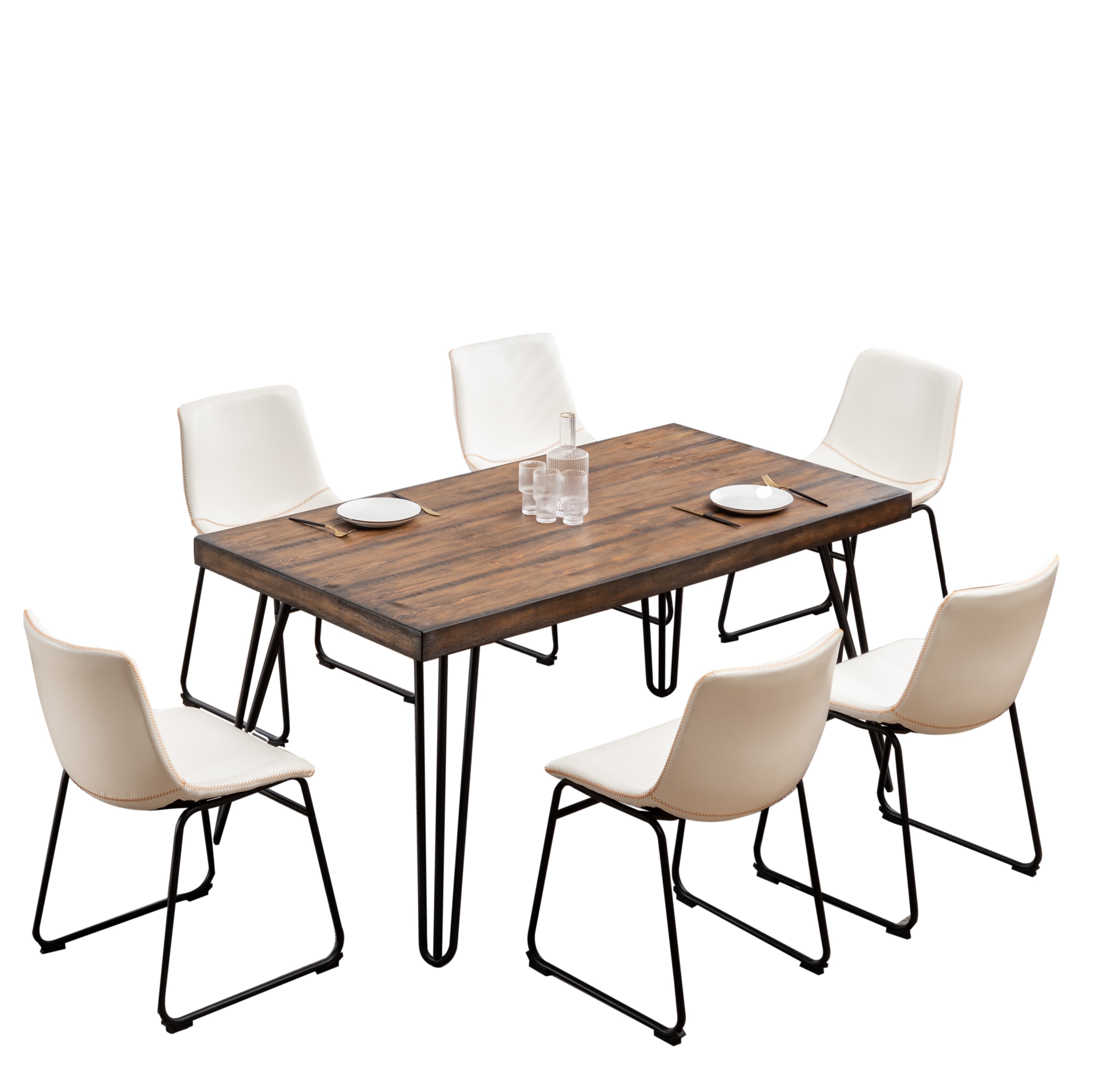 Roundhill Furniture Aryven 7-Piece Industrial Dining Set - Rustic Dark Pine Table & 6 Antique White Faux Leather Chairs for Kitchen, Dining Room, Restaurant or Cafe