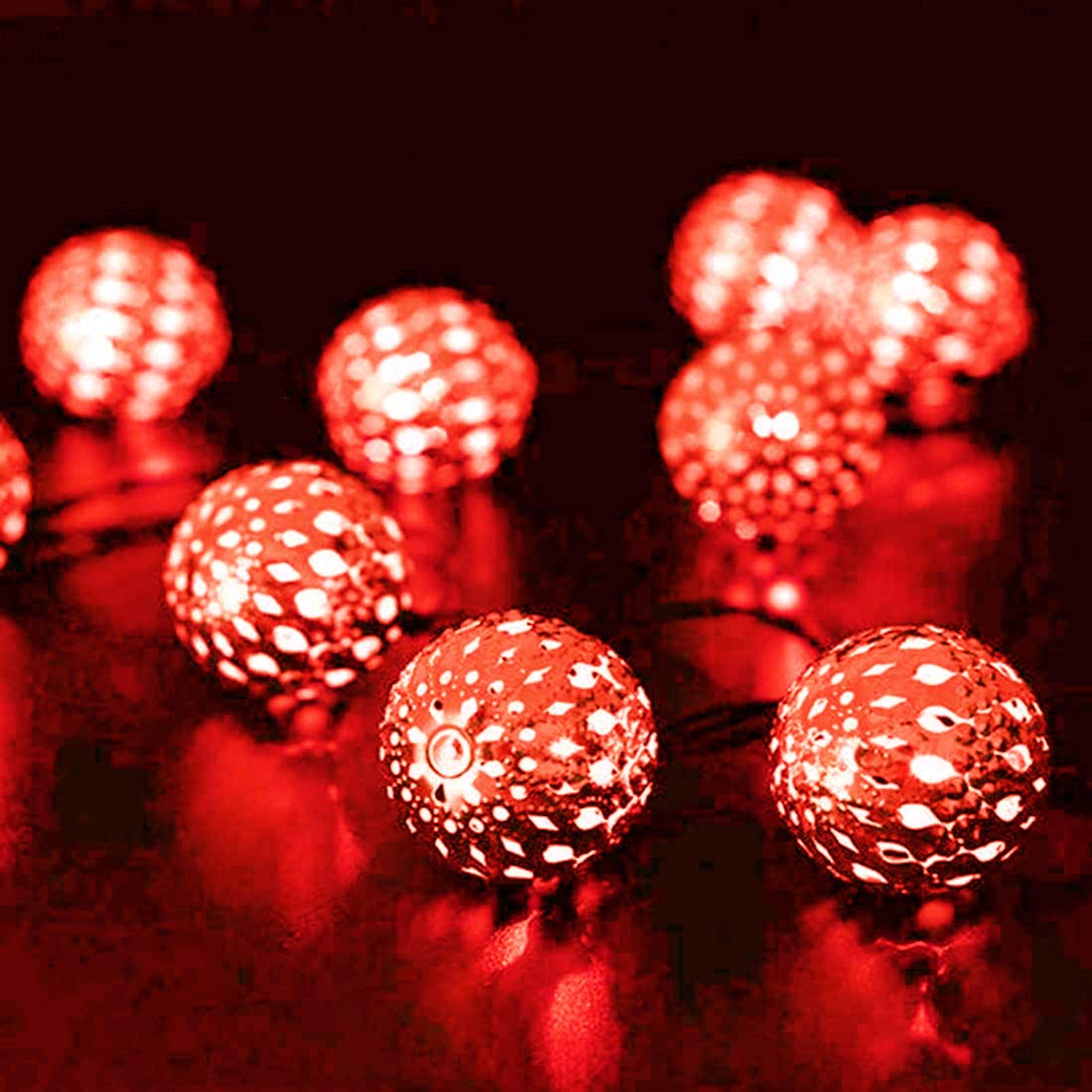 Solar Powered Metal Ball String Lights - 12 LED 3.5M Outdoor/Indoor Fairy Lights for Garden, Patio, Christmas, Wedding & Party Decorations (Red) | Weatherproof Moroccan Style Globe Lights for Year-Round Festive Ambiance