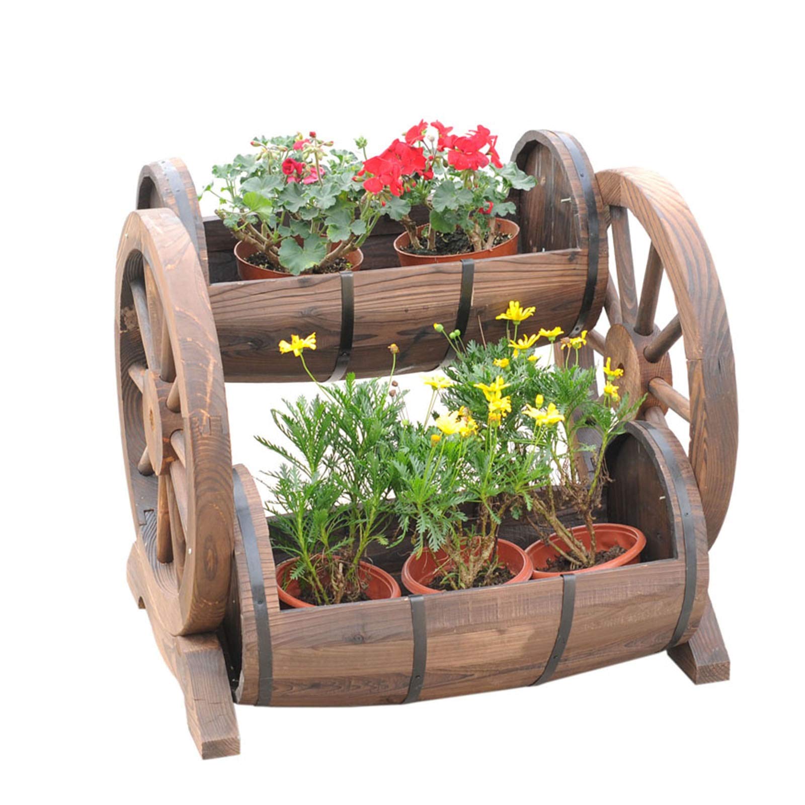 Vintage Wooden Barrel Planter - 70x50x61cm Solid Wood Wine Barrel Flower Stand | Decorative Wheel Planter Box for Courtyard, Garden & Patio Decor | Rustic Outdoor Plant Container