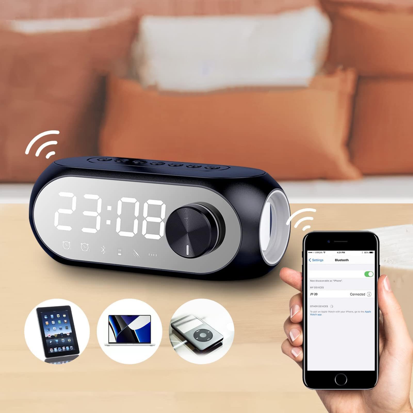 Wireless Alarm Clock with USB Rechargeable Battery, LED Display & Sleep Timer - Portable Digital Clock Radio with Speaker for Bedroom, Office, Travel | White Noise Machine for Better Sleep & Relaxation
