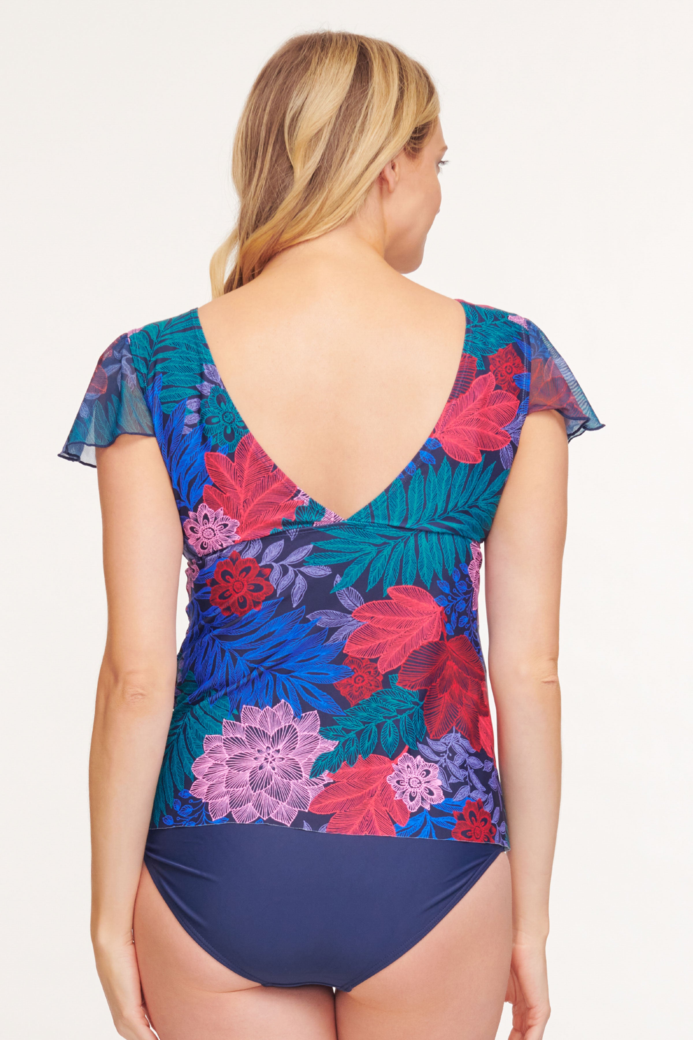 Flounce Short Sleeve Twist Tankini Top - Linework Floral Print Swimwear for Women | Perfect for Beach, Pool, and Summer Vacations