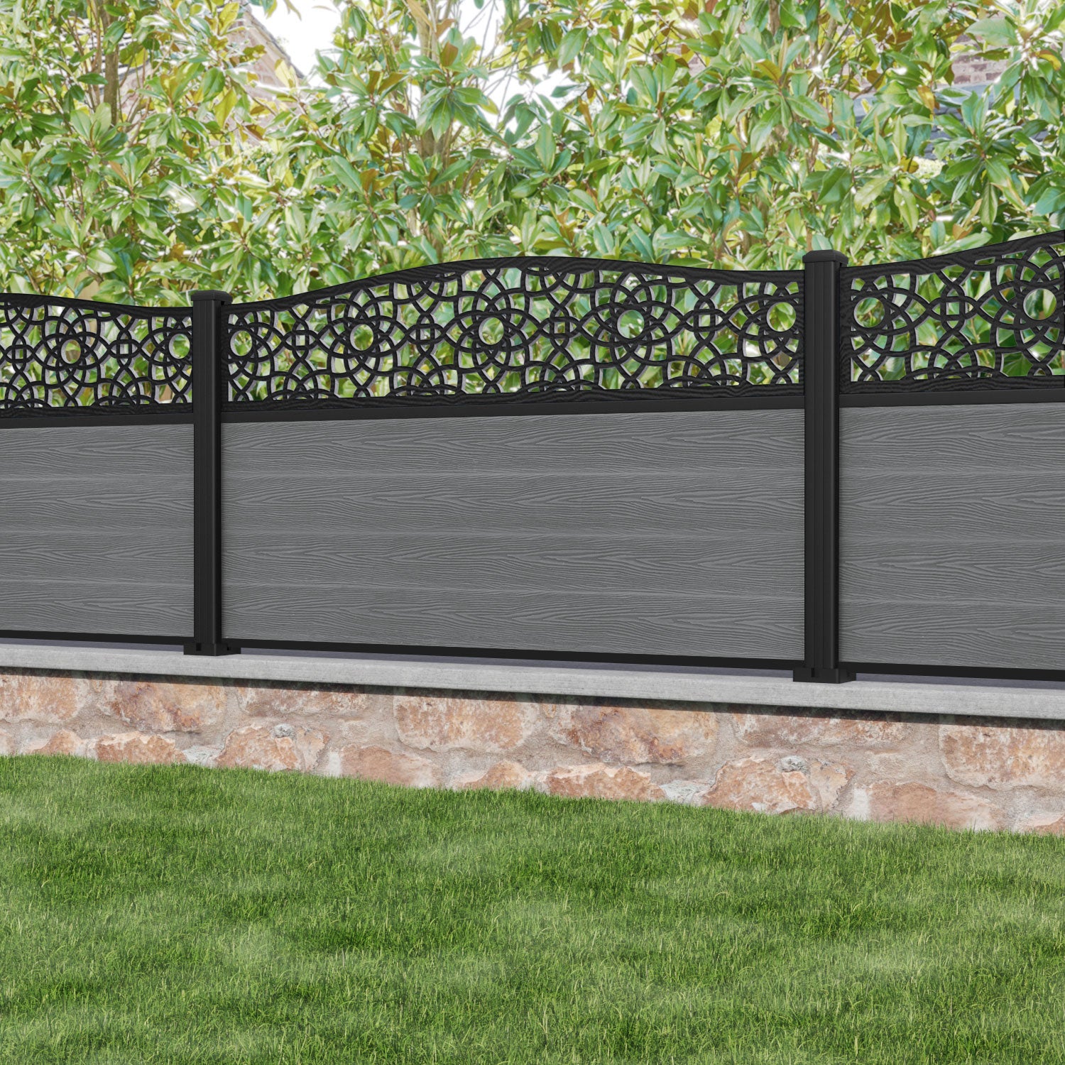Classic Amber Curved Top Fence Panel - Mid Grey Color with Aluminum Posts | Durable Outdoor Privacy Fence for Backyard, Garden & Pool Areas