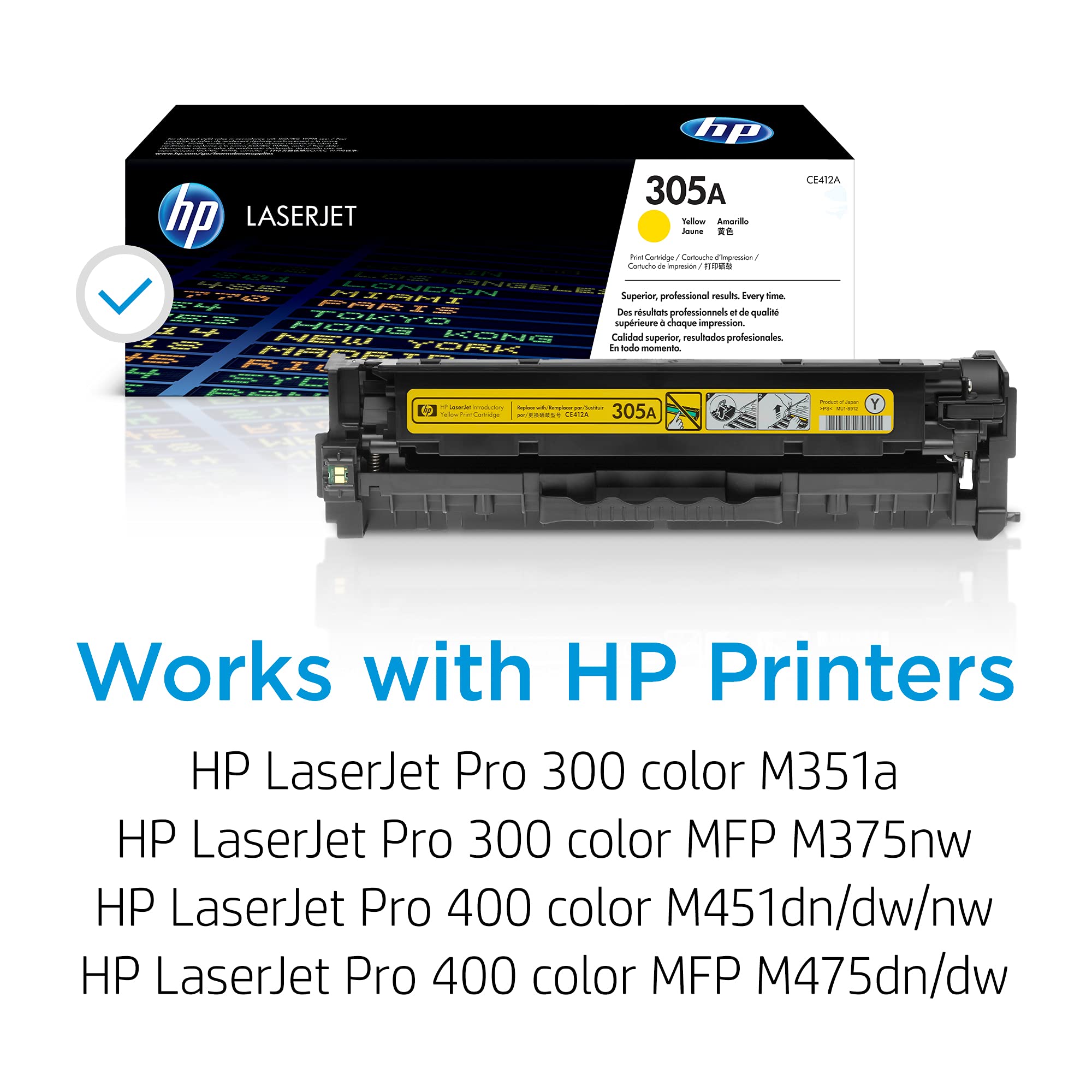Original HP 305A Yellow Toner Cartridge (CE412A) - Compatible with HP LaserJet Pro 300 M351/M375 & 400 M451/M475 Series | High-Yield Printing for Office & Home Use | Reliable Color Printing for Documents, Reports & Presentations