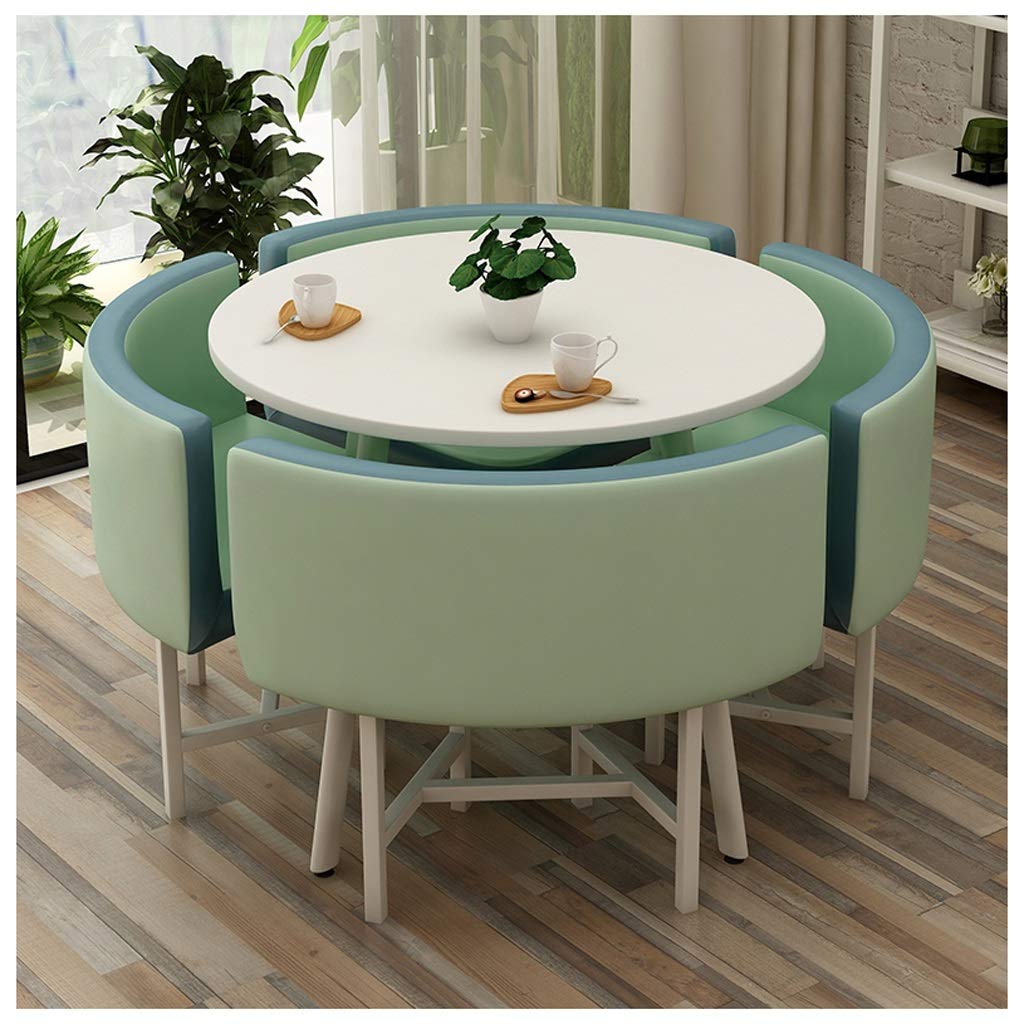 Modern Round Table and 4 Leather Chairs Set - Army Green Balcony, Living Room, Dining, Office, Meeting Room, Lounge, Coffee Shop & Beauty Salon Furniture for Leisure & Social Gatherings