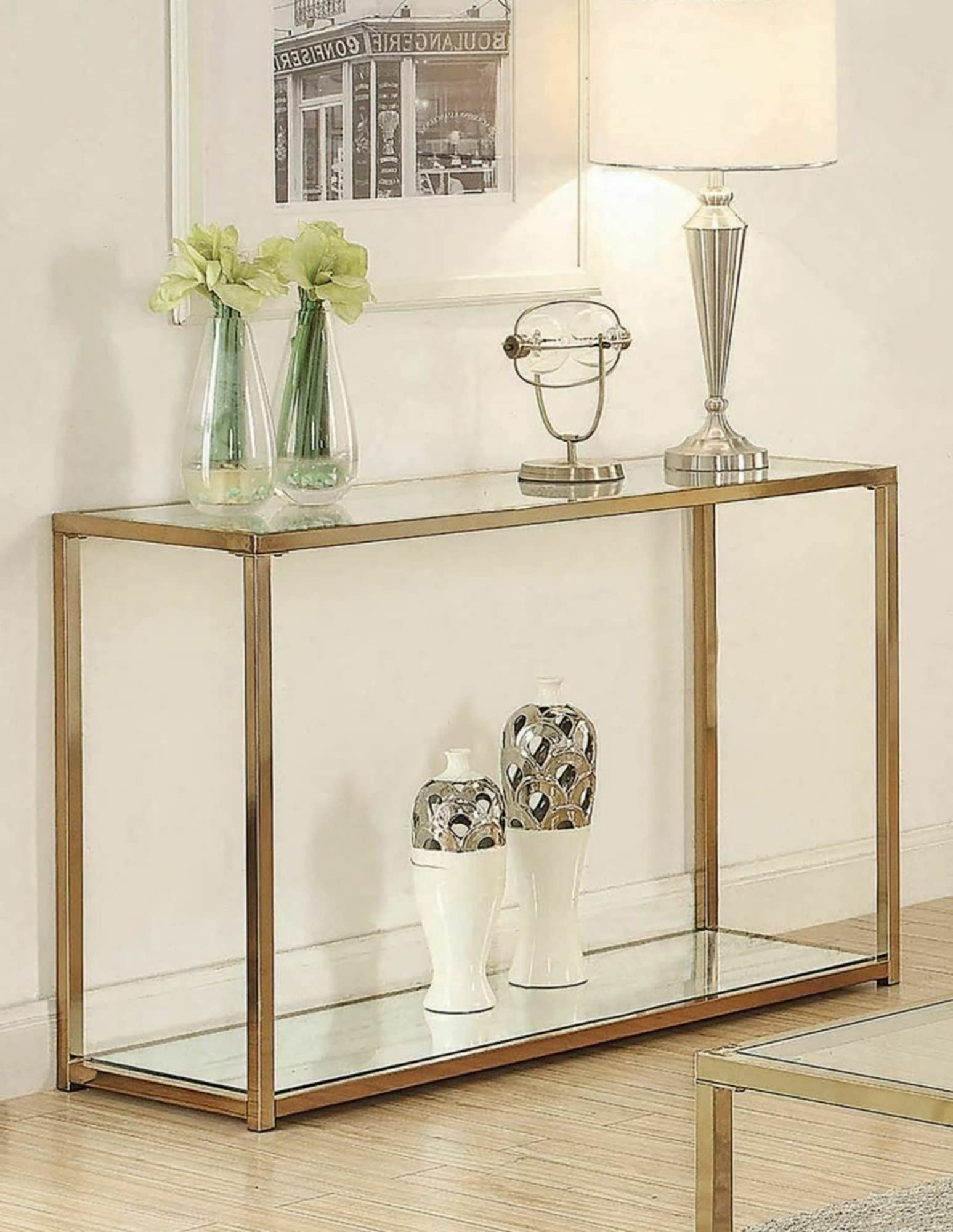 Modern Sofa Table with Mirror Shelf - Chocolate Chrome Finish - Stylish Entryway Console Table for Living Room & Hallway Decor