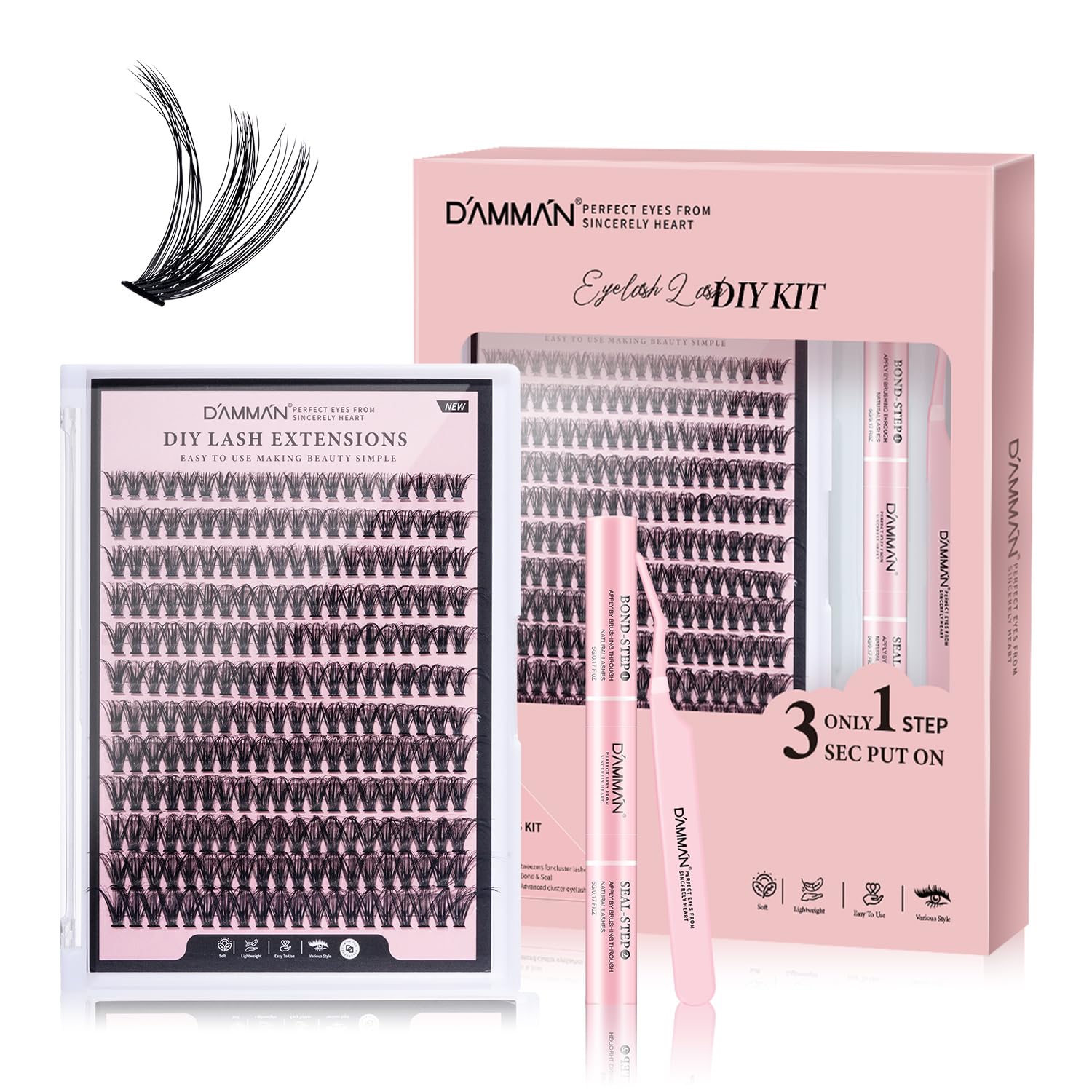 DAMMAN 40D DIY Lash Cluster Kit - 240 Pieces D Curl 8-16mm Wispy Natural False Eyelashes with Bond, Seal & Tweezers for Beginners | Perfect for Daily Wear, Special Occasions & Professional Makeup Artists