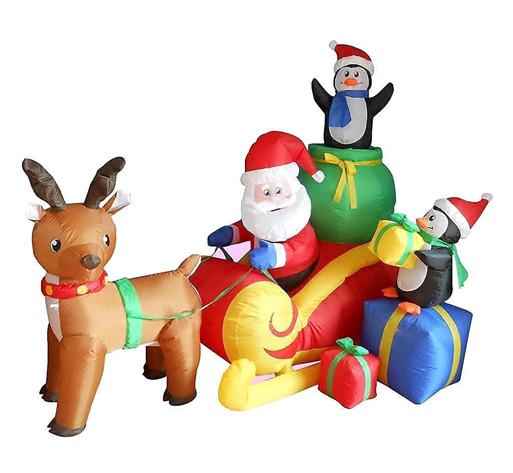 6FT Inflatable Santa on Sleigh with Reindeer & Penguins + 5FT Snowman Campfire Set - Christmas Party Decorations Bundle for Outdoor Yard, Holiday Home Decoration & Festive Seasonal Displays