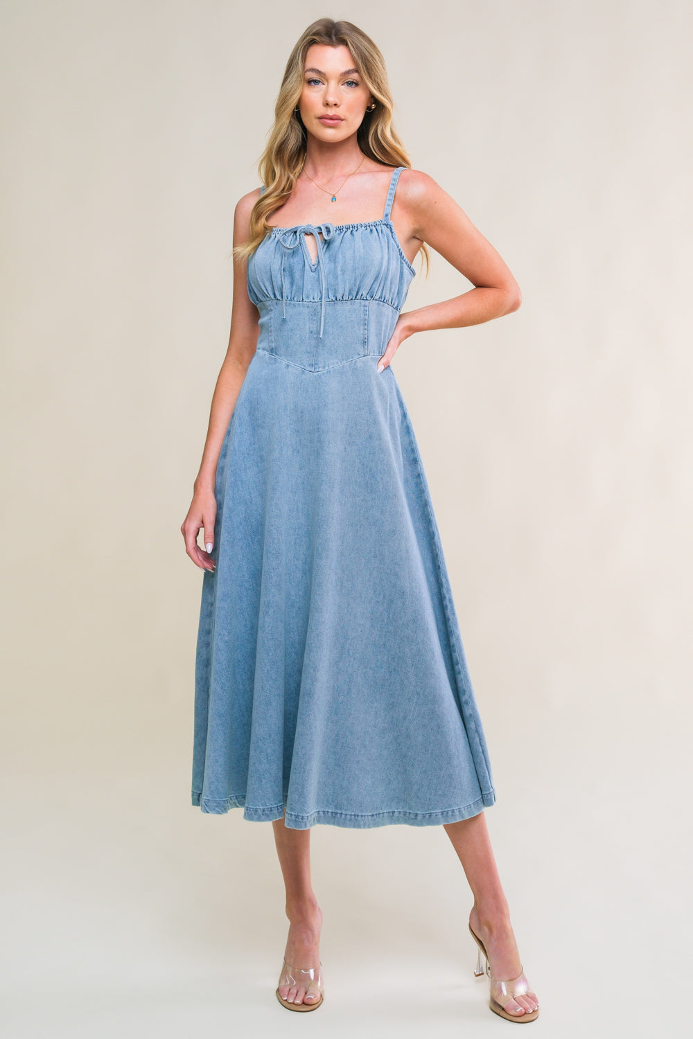 Festival Days Front Tie Denim Midi Dress for Women - Casual Summer Outfit, Boho Chic Style, Perfect for Parties, Dates, and Outdoor Events