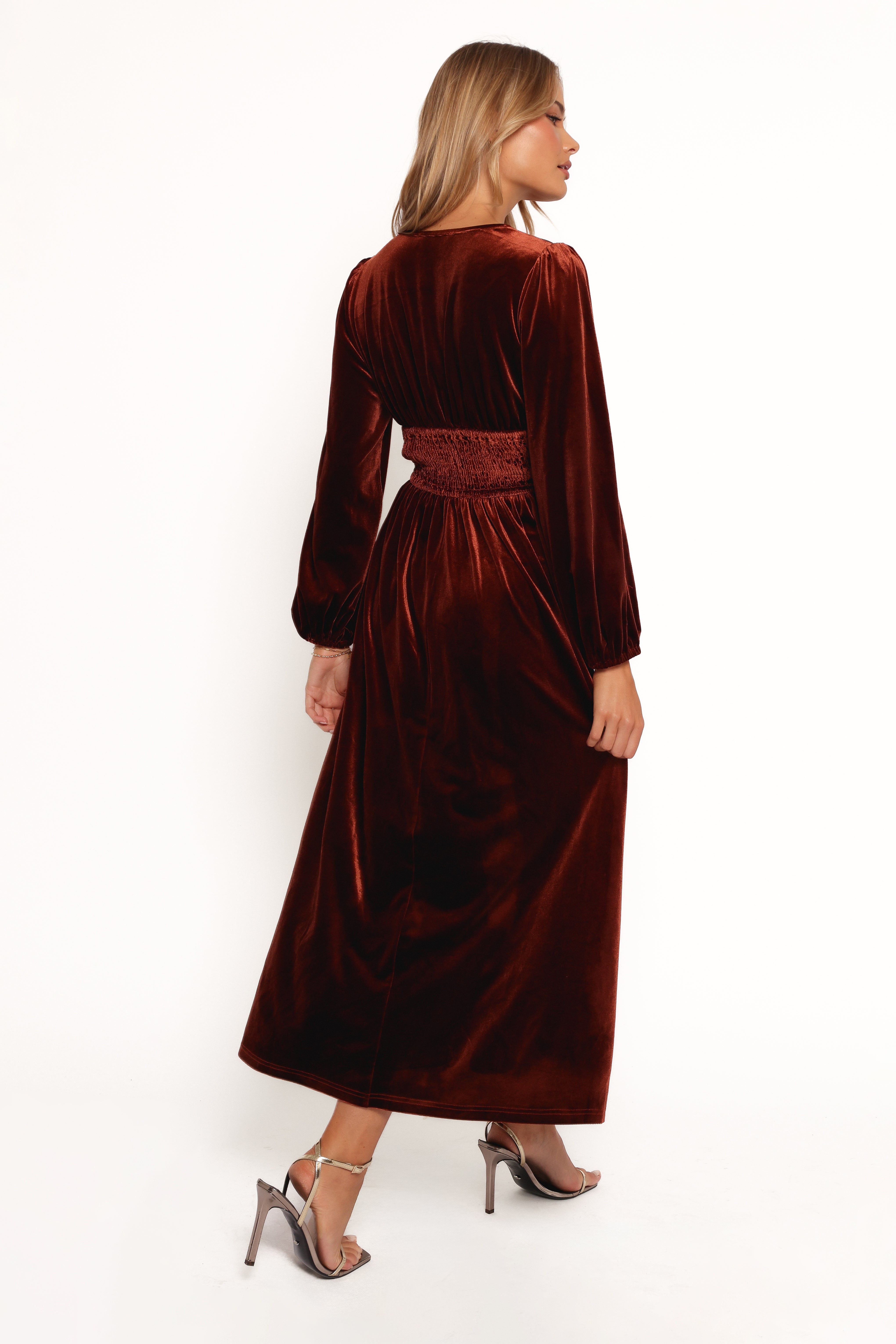 Cece Velvet Long Sleeve Maxi Dress in Rust - Elegant Fall Wedding Guest Dress & Holiday Party Outfit