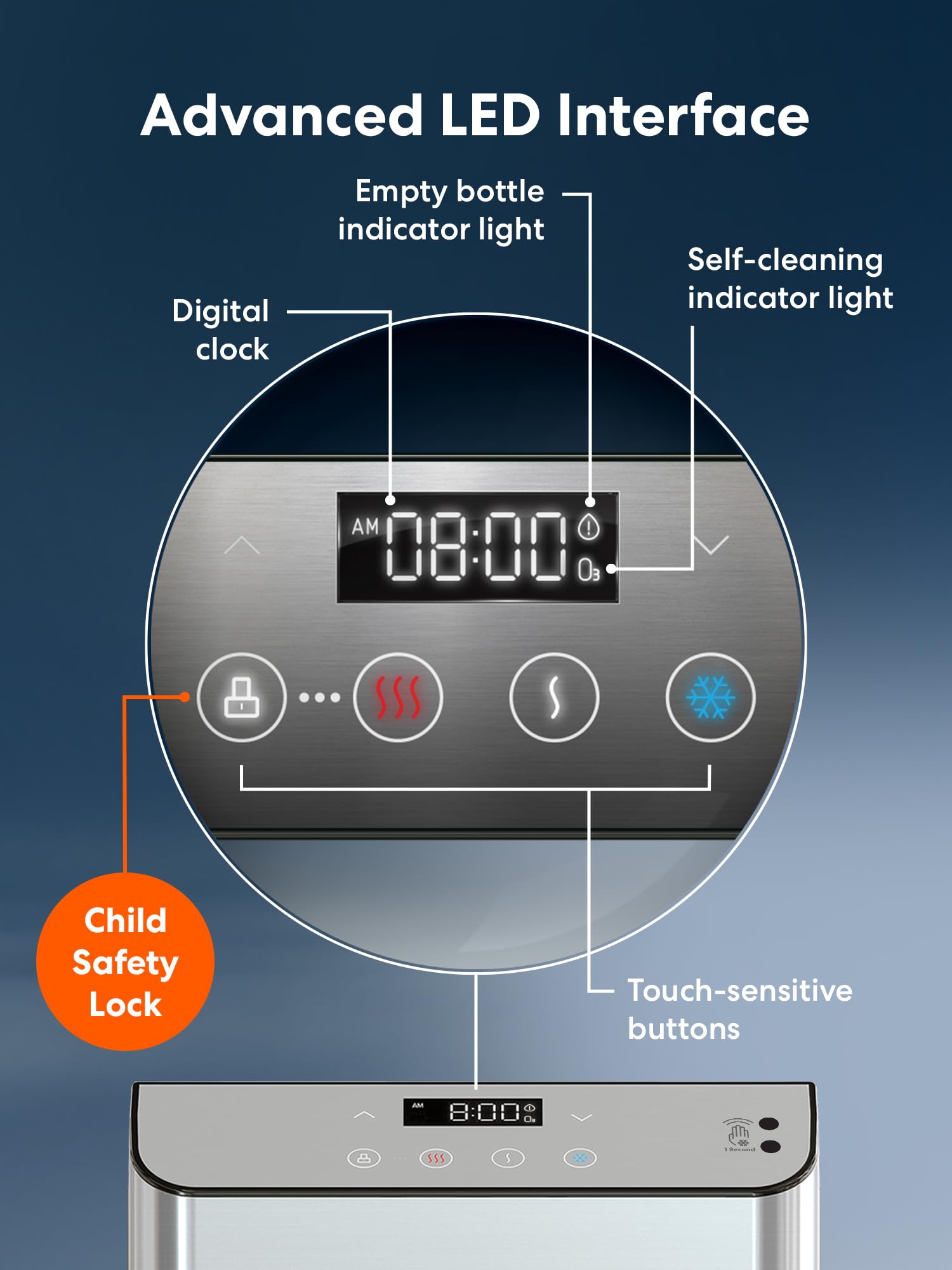 Brio Moderna Bottom Load Water Cooler Dispenser - 3 Temperature Settings, Adjustable Hot & Cold Water, Self-Cleaning Function, Touch-Free Dispensing, Child Safety Lock, Compatible with 3 & 5 Gallon Bottles, Digital Display with LED Light - Perfect for Home, Office, and Kitchen Use