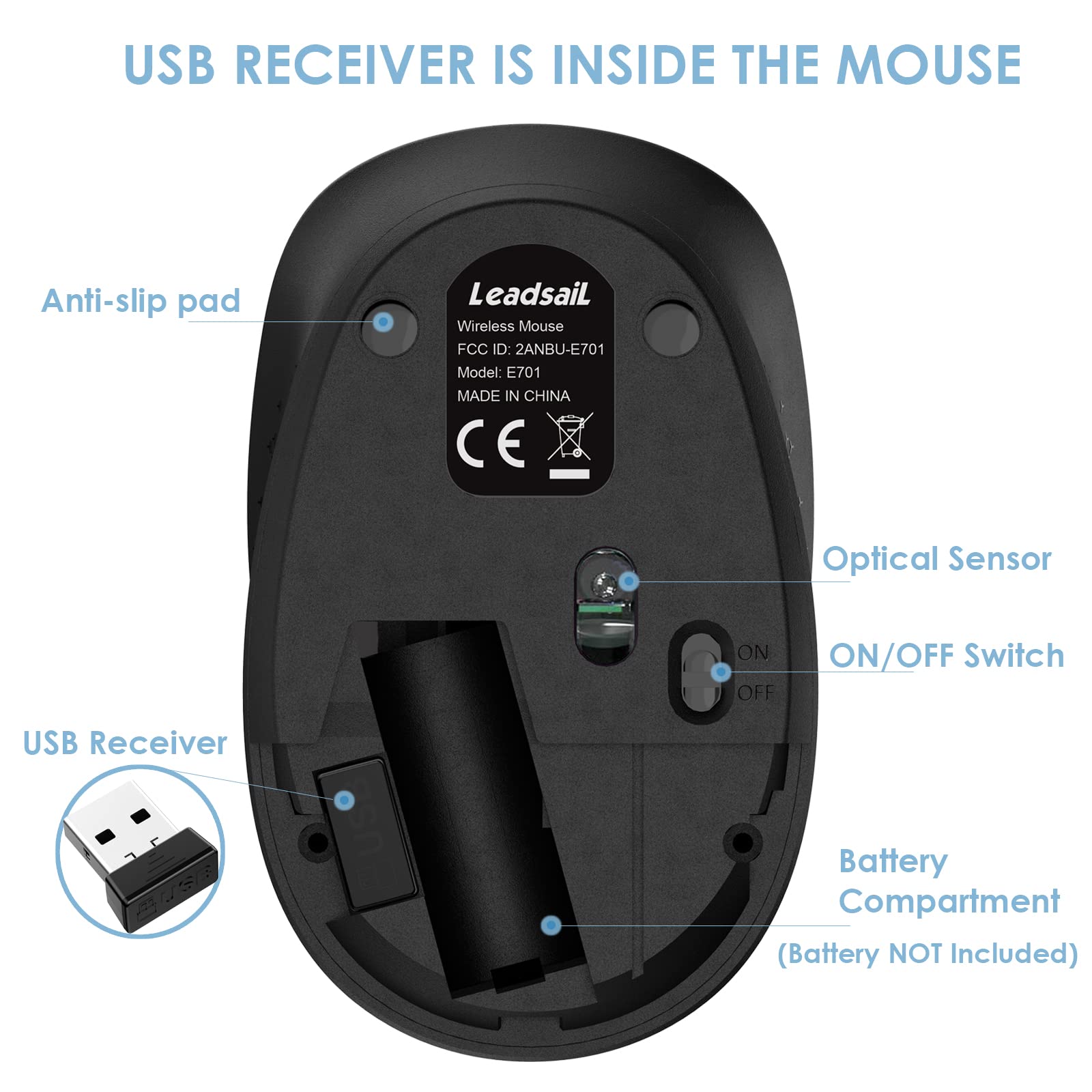 LeadsaiL Wireless Mouse for Laptop - 2.4GHz Silent USB Optical Mouse with 3 Buttons, 1600 DPI, Compatible with Windows, Mac, Chrome OS & Linux - Perfect for Office, Home & Travel Use