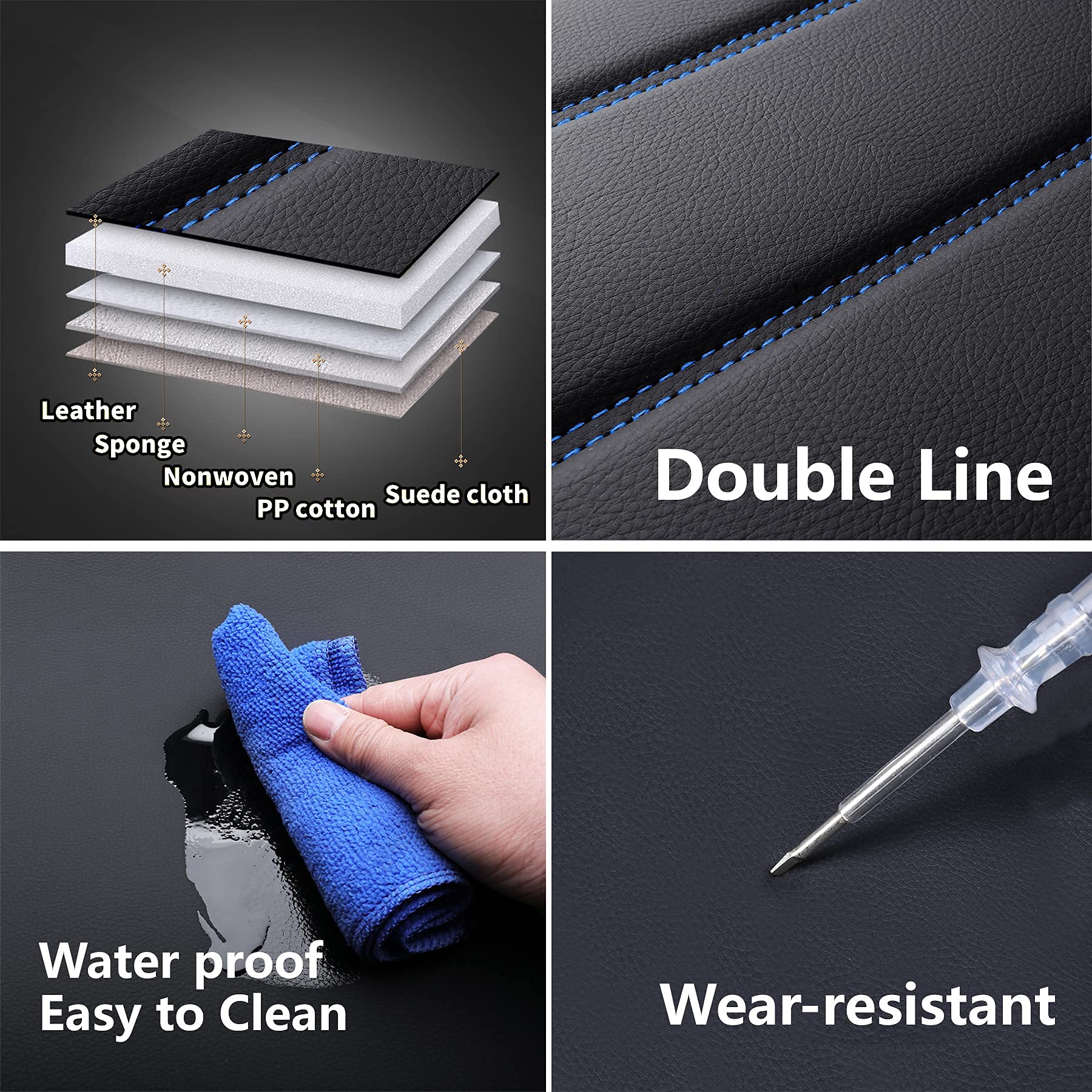 Premium Universal Leather Car Seat Covers - Waterproof Faux Leatherette Cushion Protectors for Cars, SUVs & Trucks (Black & Blue Full Set) | Auto Interior Accessories for Comfort & Style | Perfect for Daily Commutes, Road Trips & Family Travel