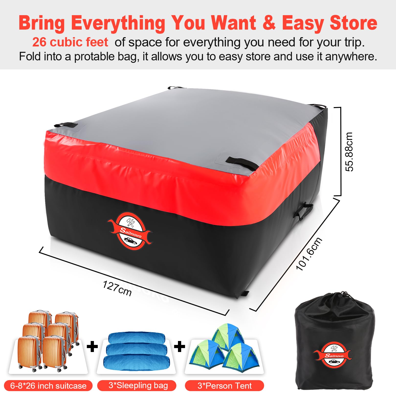 Sailnovo 26 Cubic ft Waterproof Truck Bed Cargo Bag - Heavy Duty PVC Material with 4 Stretch Cords (50