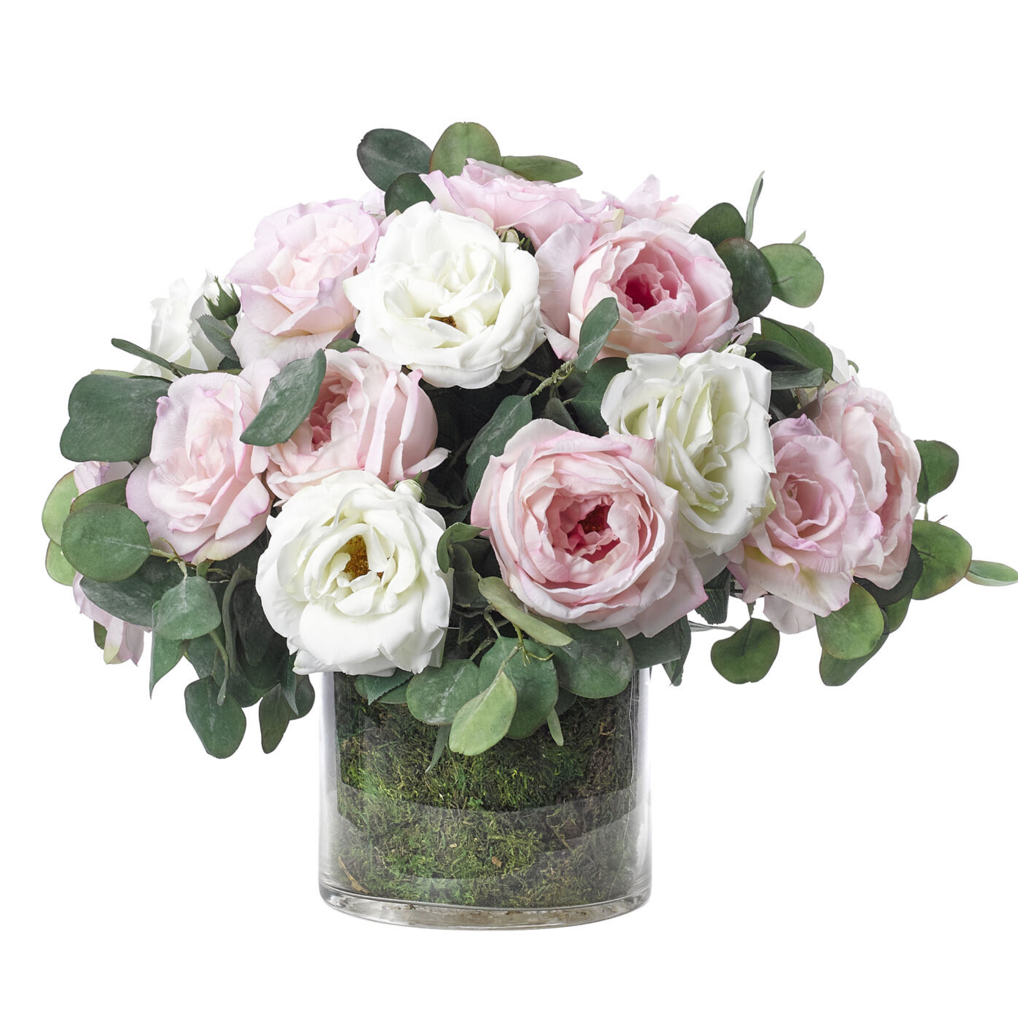 18 Faux Pink and White Roses with Moss in Glass Cylinder Vase - Elegant Home Decor for Wedding Centerpieces, Table Arrangements, and Gift Ideas