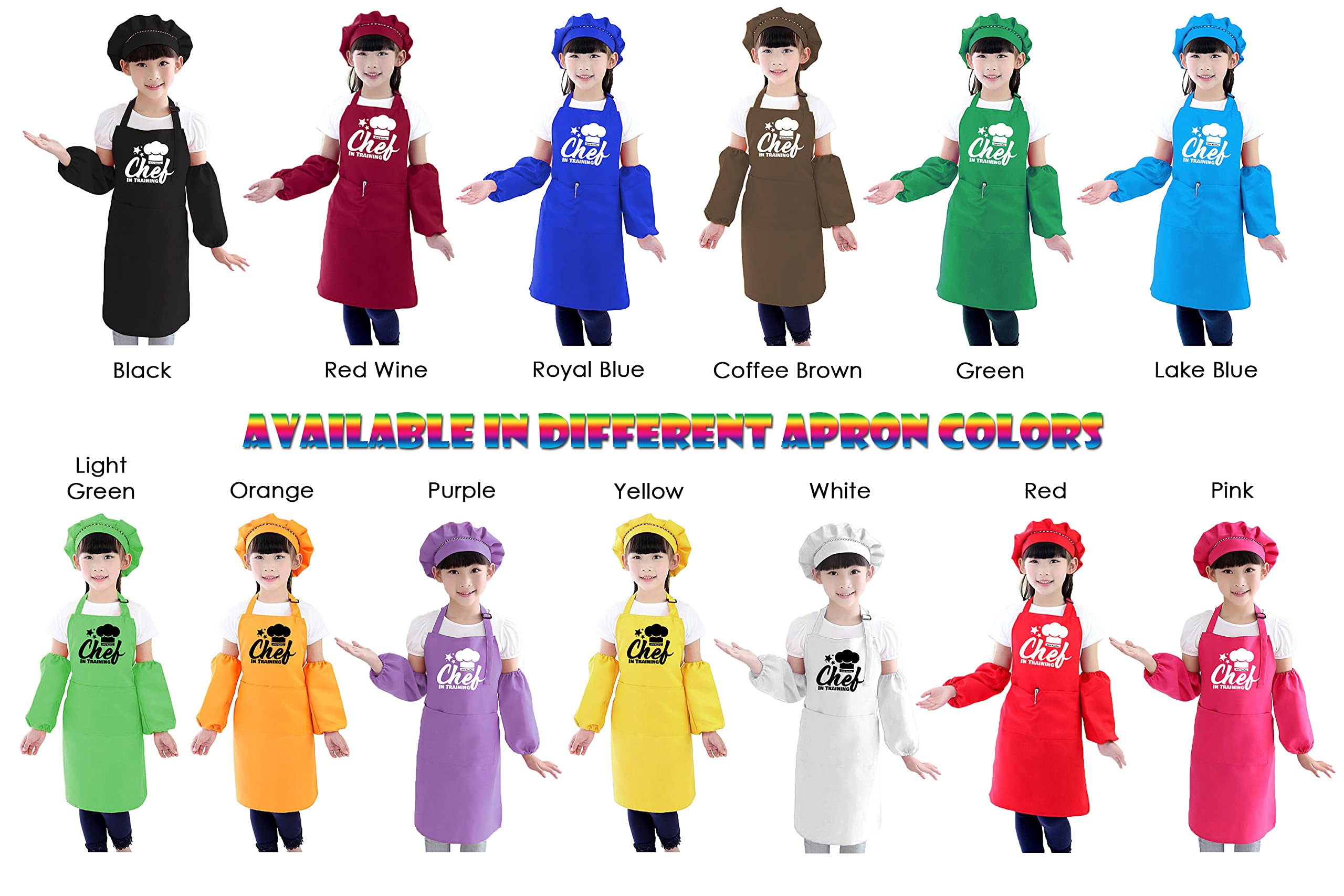 Personalized Kids Apron Set for Cooking and Baking - 4 Piece Chef Apron, Hat & Protective Sleeves for Children - Custom Name Embroidery - Coffee Brown - Perfect for Junior Chefs, Birthday Gifts & Kitchen Playtime