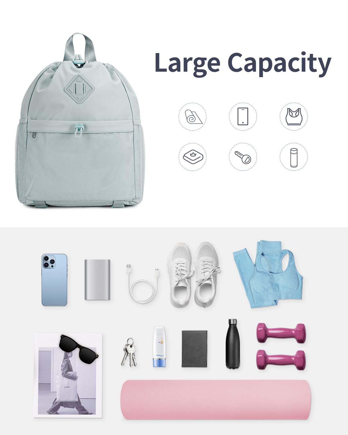 WANDF Water-Resistant Drawstring Backpack for Gym & Yoga - Sports Cinch Bag with Mesh Pocket & Yoga Mat Strap - Lightweight String Backpack for Men & Women (Grey) - Perfect for Workouts, Travel & Outdoor Activities