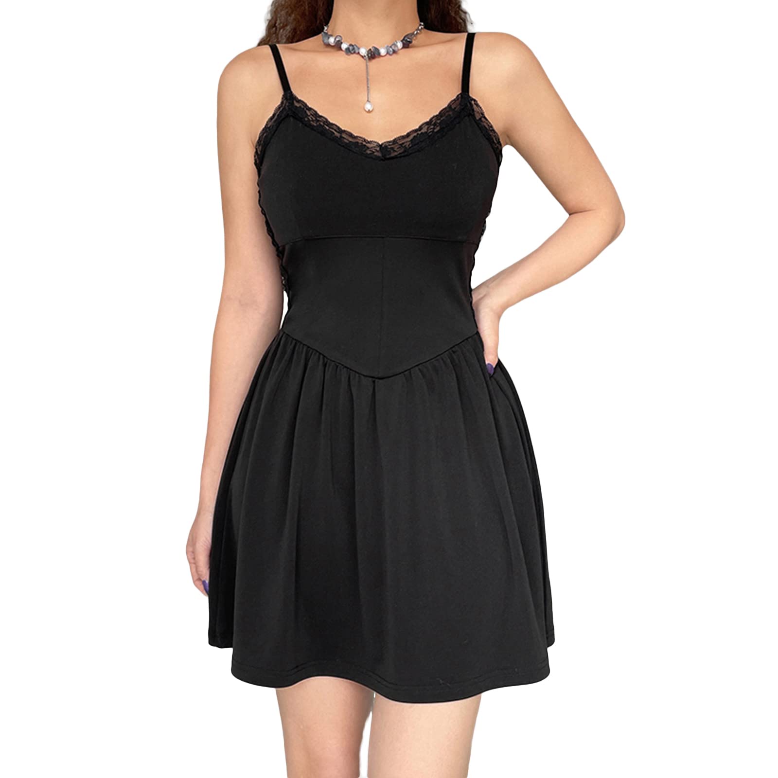Sexy Women's Mini Dress - Spaghetti Strap Backless Satin Lace A-Line Nightwear Dress for Party, Club, Date Night & Special Occasions