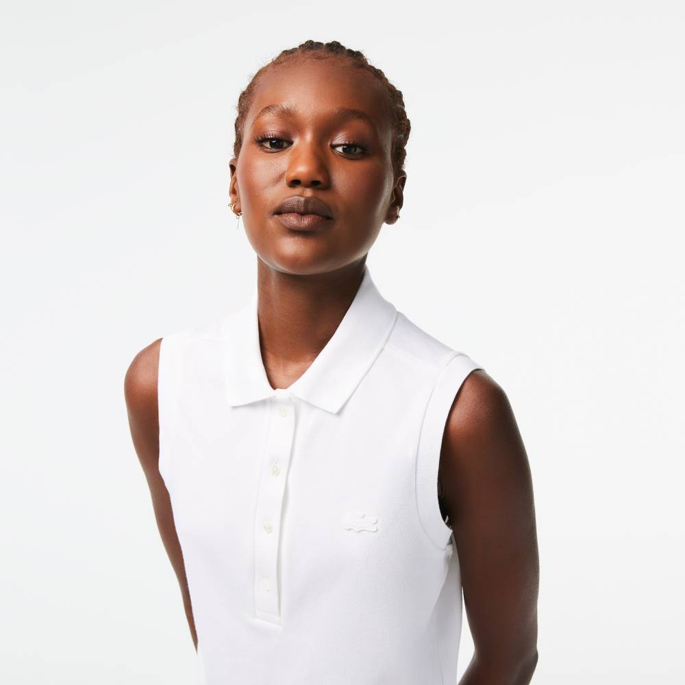 Lacoste Women's Slim Fit Sleeveless Cotton Pique Polo Tank Top - Breathable Summer Casual Wear for Golf, Tennis & Beach (White)