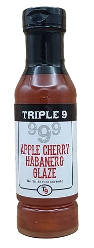 Triple 9 Apple Cherry Habanero Glaze Sauce - 12 oz Bottle - Sweet & Spicy BBQ Glaze for Grilling, Wings, Ribs & Meat Marinade - Perfect for Summer Cookouts & Backyard BBQs