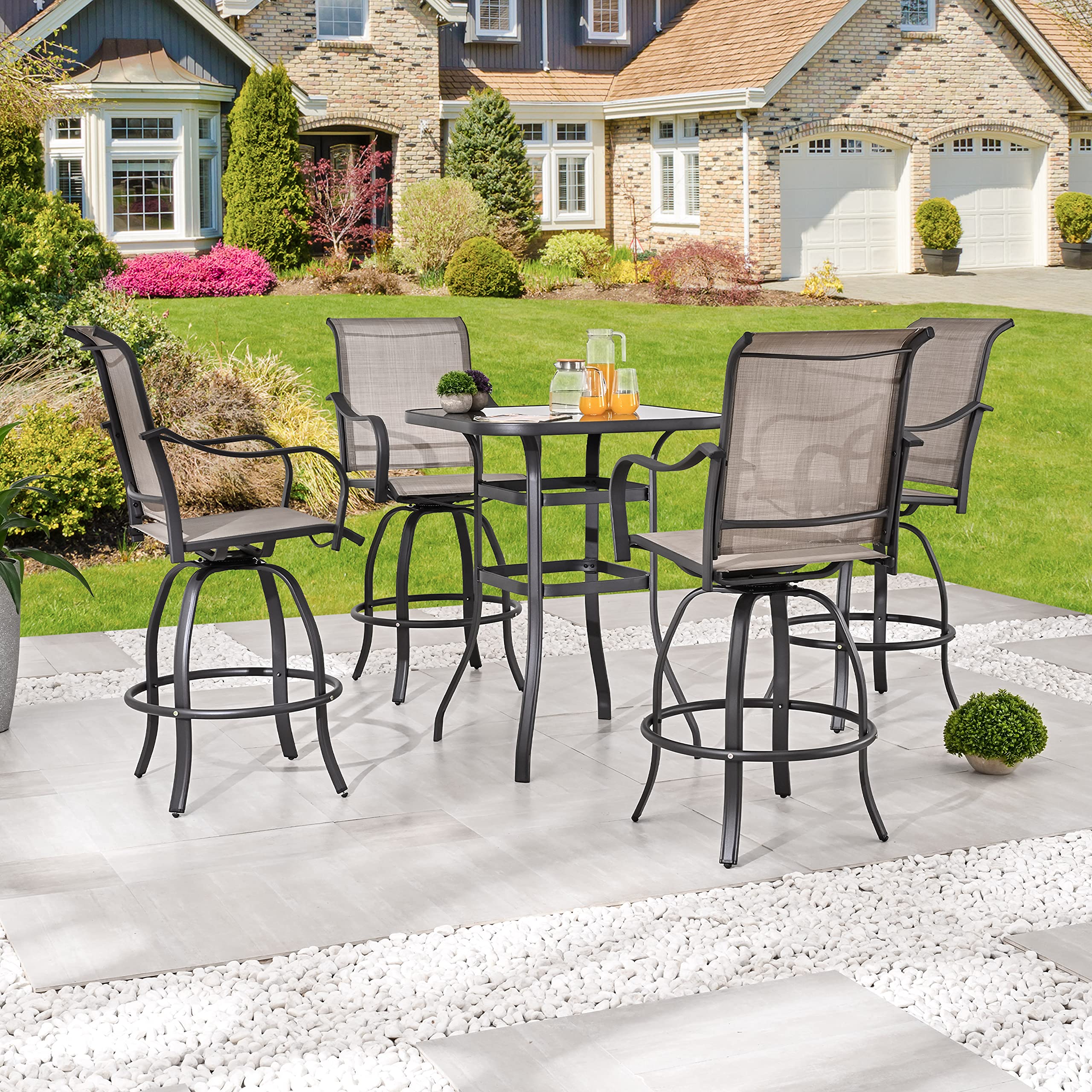 360° Swivel Patio Bistro Set with Tempered Glass Table - 5 Piece Outdoor Dining Furniture (4 Bar Height Chairs + 1 Table) for Garden, Balcony & Backyard - Weather Resistant Grey Set