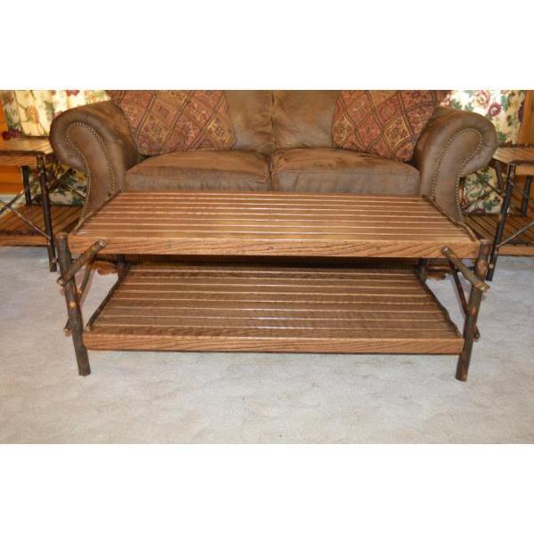 Solid Hickory Wood Coffee Table with Storage Shelf - Rustic Farmhouse Living Room Furniture for Home Decor & Entertainment Areas