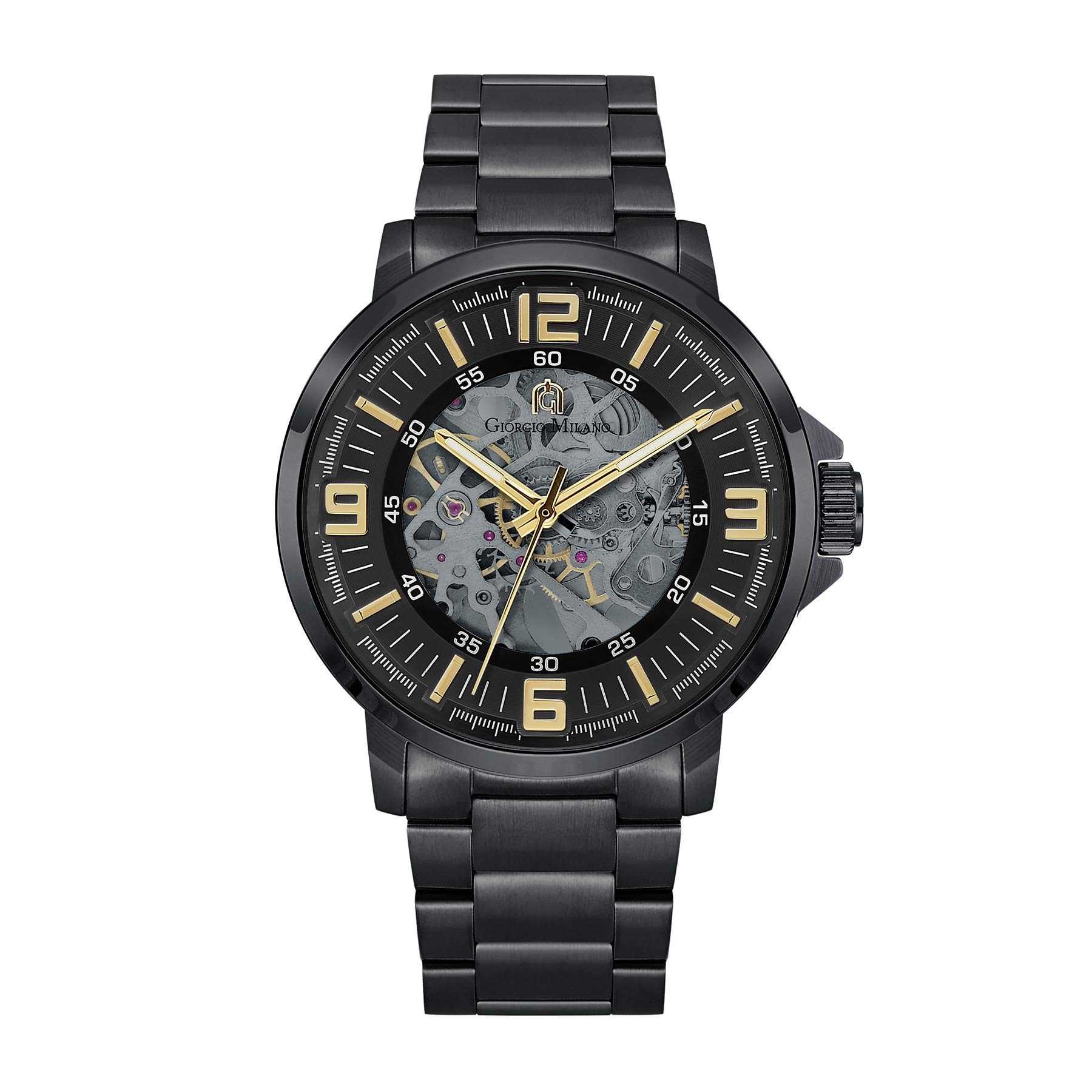 Giorgio Milano Men's Automatic Self-Winding Skeleton Watch - Stainless Steel Case with See-Through Glass Back & Bracelet with Push-Button Clasp - Perfect for Business, Formal Events & Luxury Gift Giving