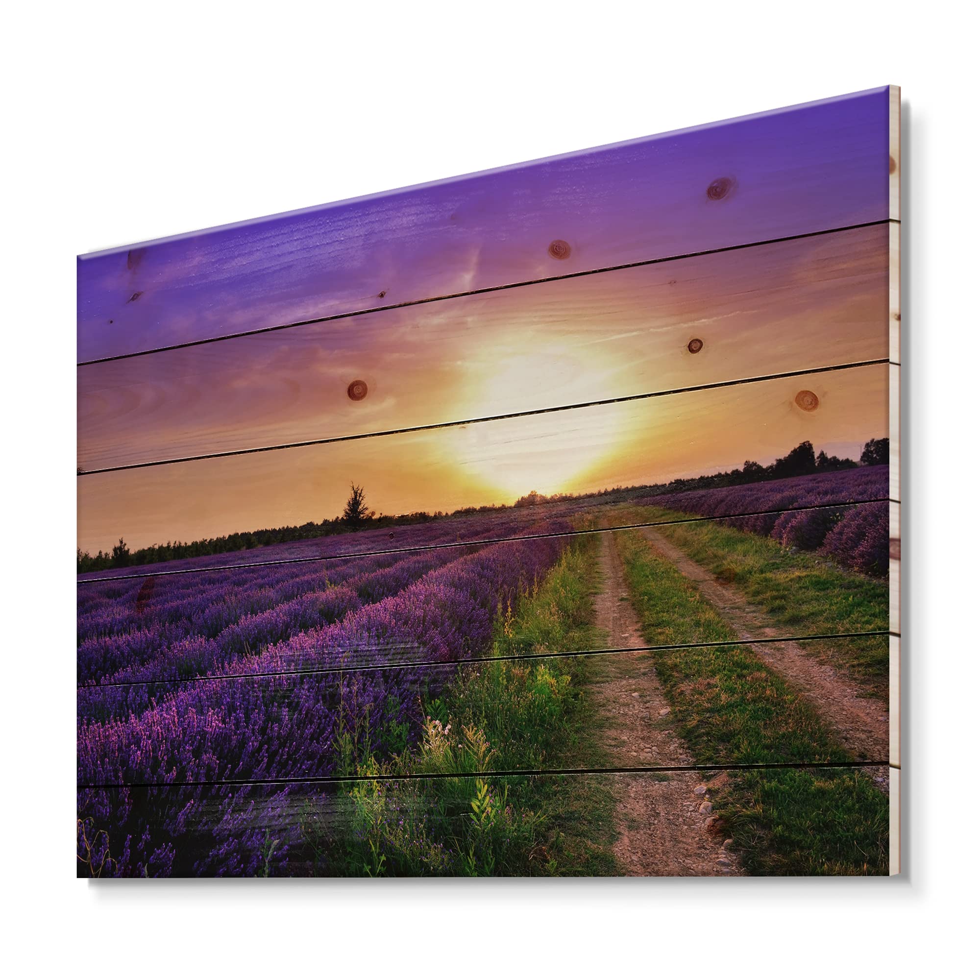 DesignQ Lavender Field at Dawn II - Farmhouse Wood Wall Decor, Purple Wood Wall Art, Large Landscape Wood Panel Printed on Natural Pine - Perfect for Living Room, Bedroom & Office Decor