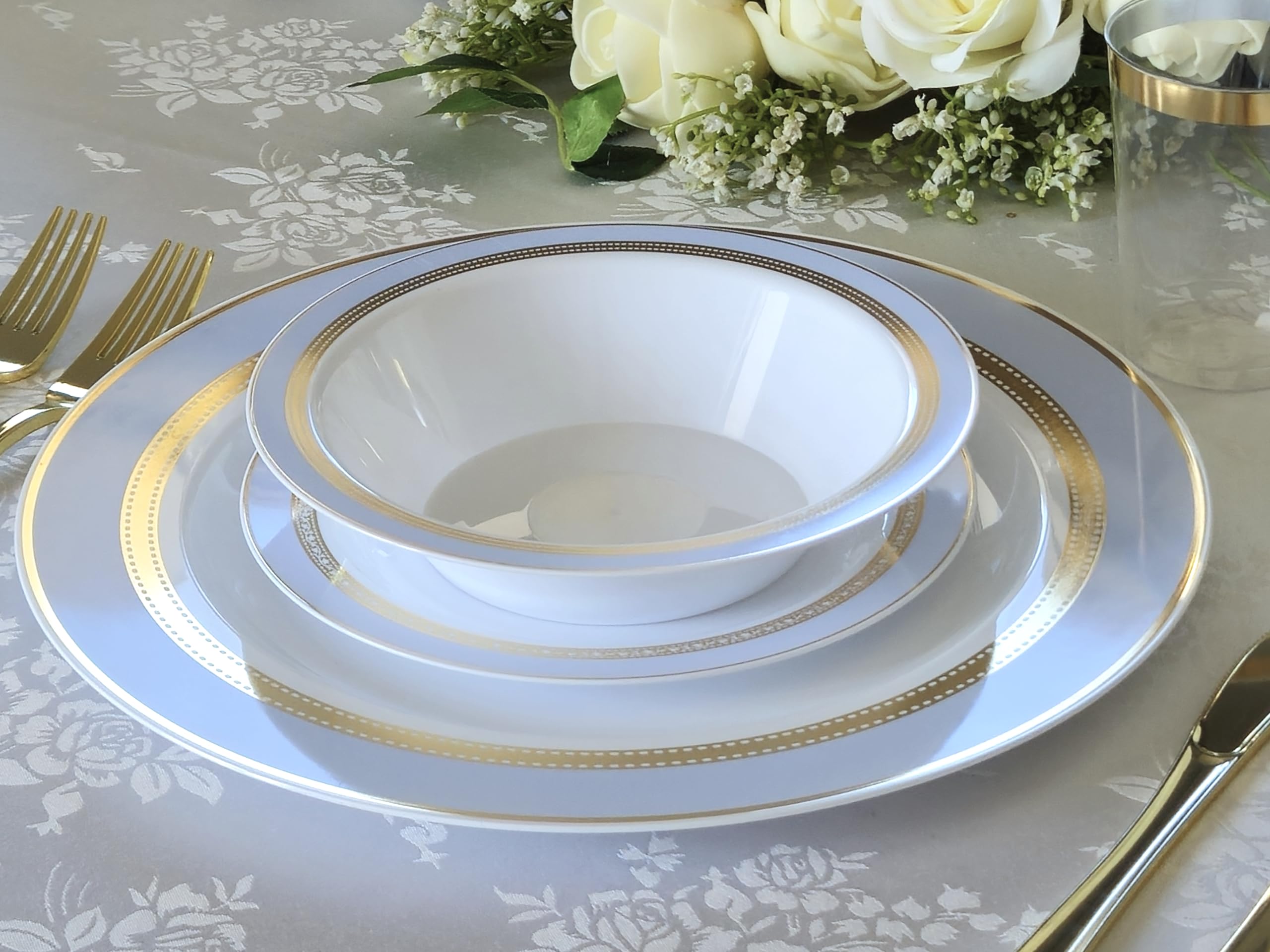 240-Pack Heavyweight Premium Disposable Plastic Plates Set - 120 x 10.5'' Dinner Plates & 120 x 7.5'' Salad/Dessert Plates (Ritz Blue & Gold) for Parties, Weddings, and Events - Elegant Disposable Tableware for 120 Guests