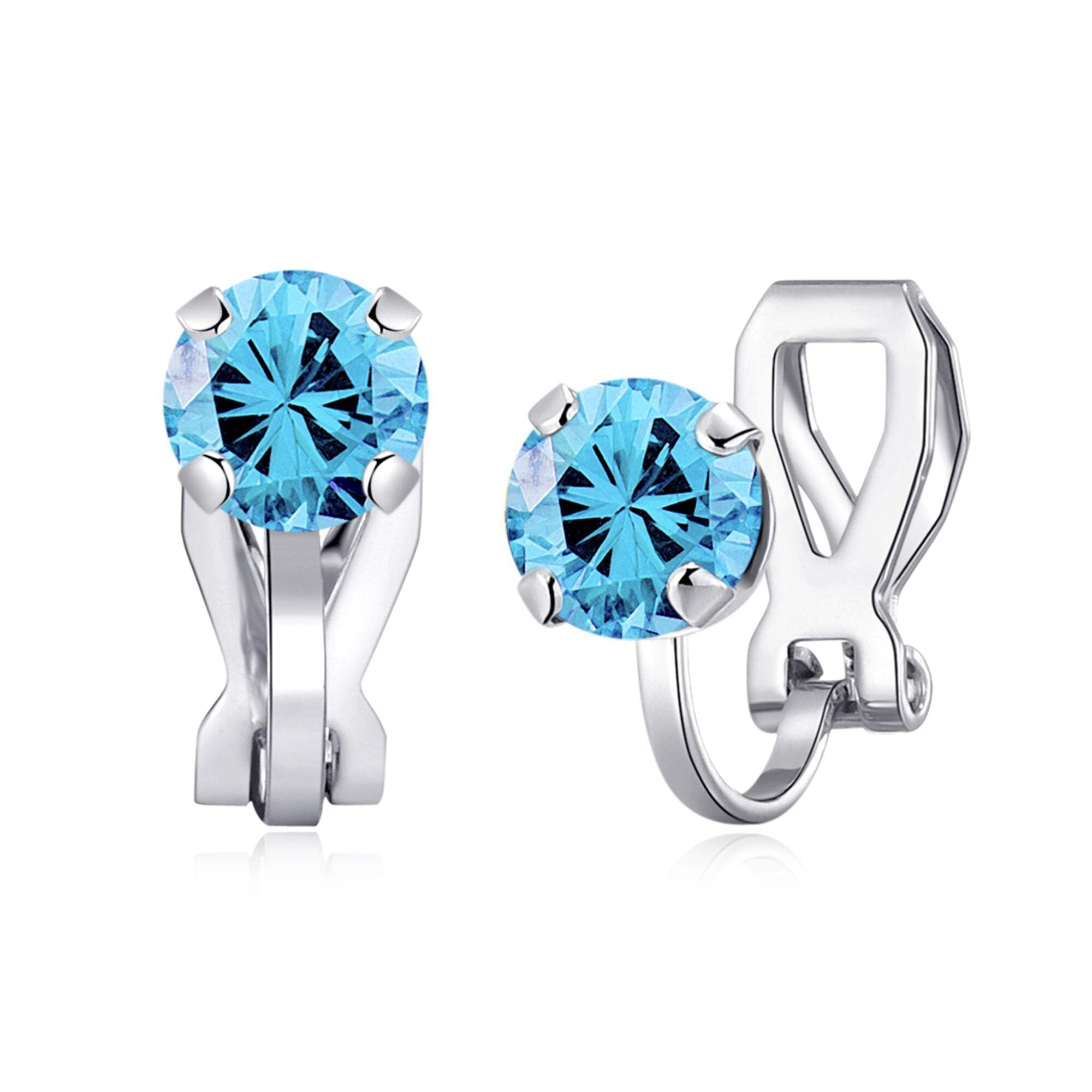 Aquamarine Clip-On Earrings with Zirconia for March Birthdays | Gift for Women