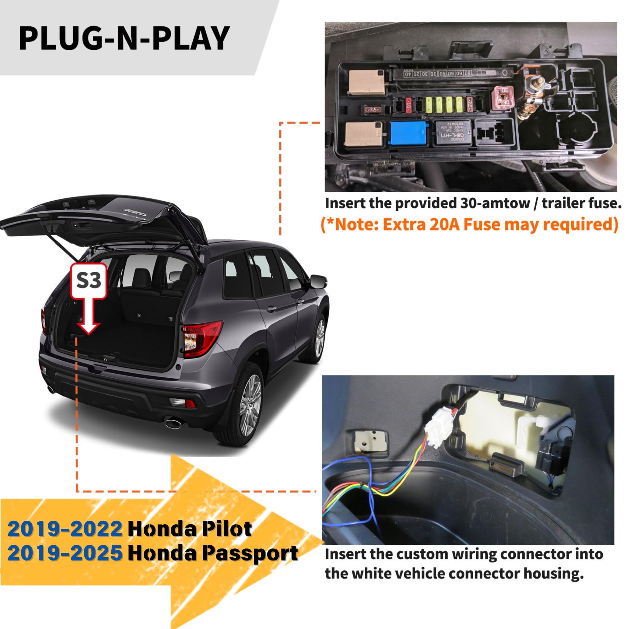 4-Pin Trailer Wiring Harness for 2016-2022 Honda Pilot & 2019-2025 Honda Passport | 56291 T-Connector Vehicle Side Towing Hitch Harness | Easy Trailer Light Connection | Factory Tow Package Required | Perfect for RV Camping, Boat Towing & Utility Trailers