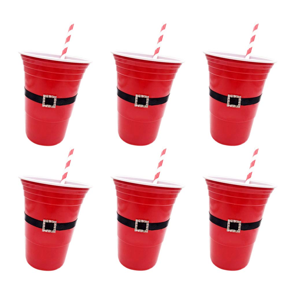 Happyyami 12-Piece Santa Belt Christmas Party Cups Set with Straws - Durable Plastic Drinking Cups for Holiday Celebrations, Home Parties & Festive Gatherings