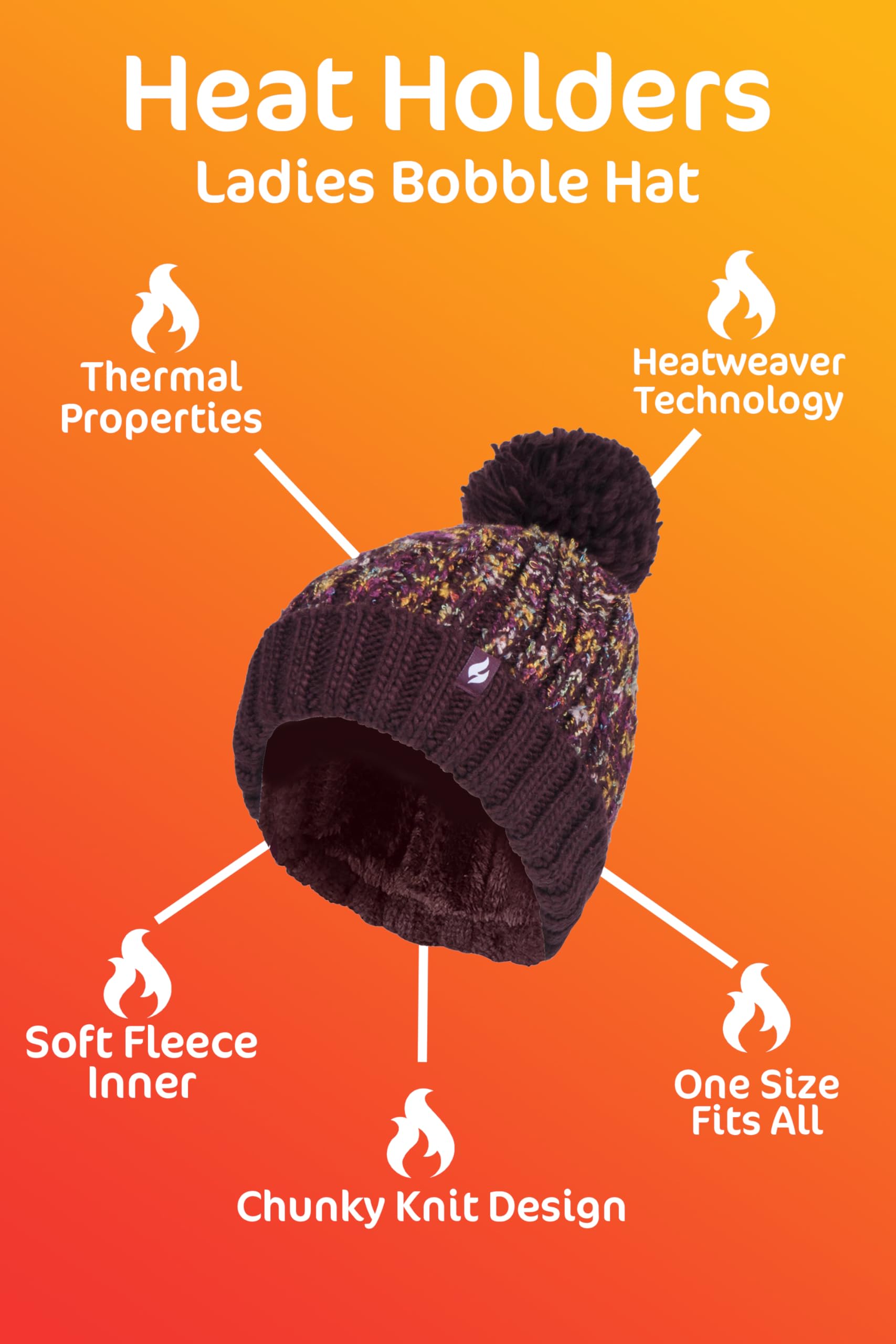 Heat Holders Women's Chunky Knit Thermal Winter Beanie Hat with Extra Large Pom Pom - Warm & Stylish for Cold Weather, Outdoor Activities, and Winter Fashion
