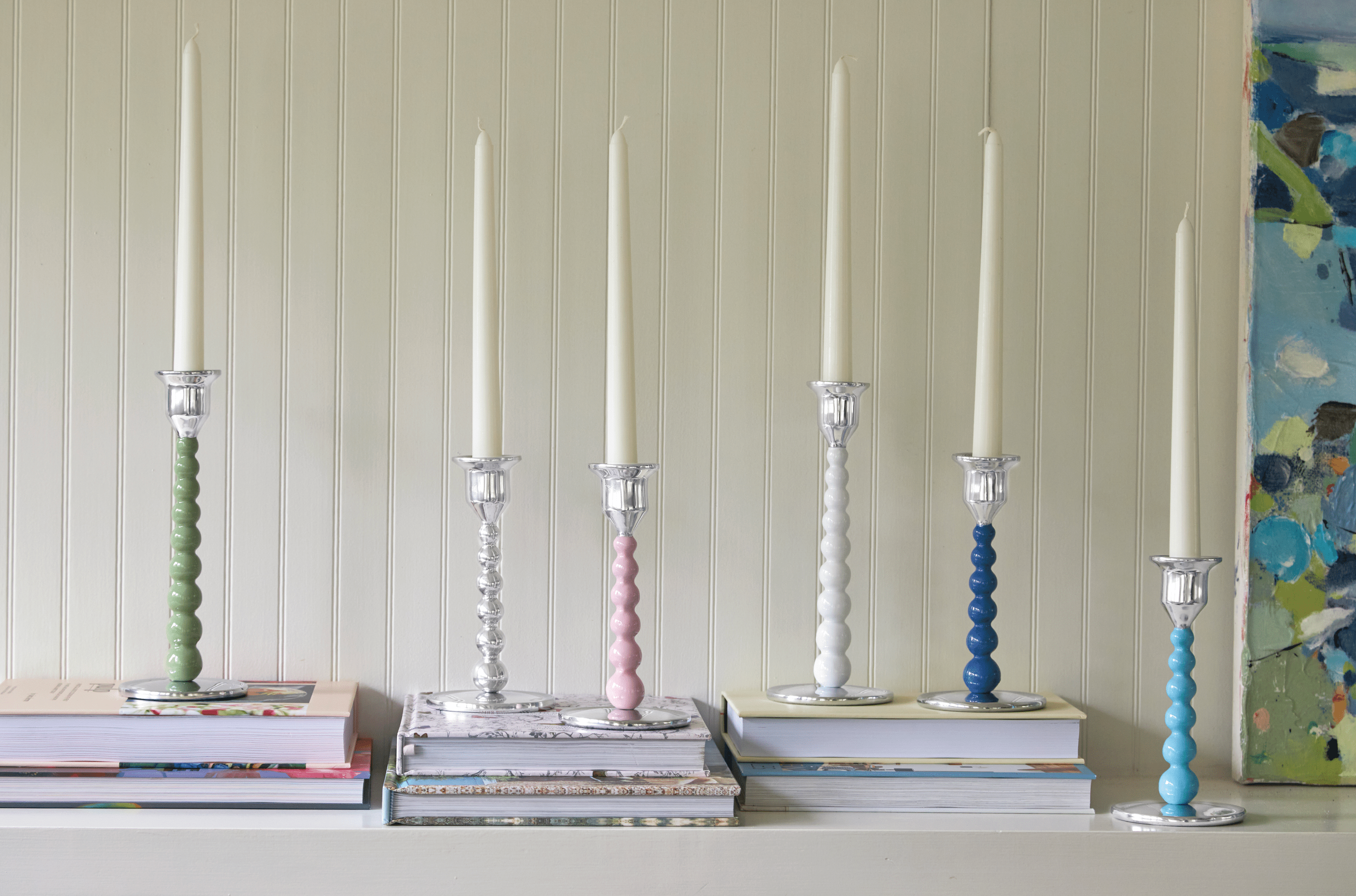 Elegant Green Pearled Medium Candlestick Set - Vintage Home Decor for Dining Table, Wedding Centerpiece & Holiday Candle Holders