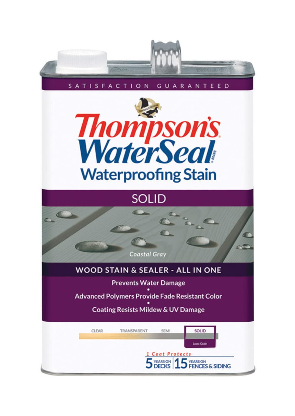 Thompson's WaterSeal Solid Coastal Gray Wood Stain & Sealer - 1 Gallon (Case of 44) | Waterproof Protection for Decks, Fences & Outdoor Furniture | All-Weather Sealant for Long-Lasting Color & Durability