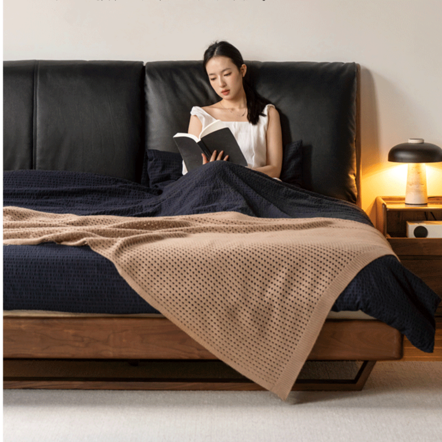 Luxury Black Walnut Solid Wood Bed with Genuine Italian Leather Headboard - Soft Upholstered Bed Frame for Master Bedroom, Guest Room & Modern Home Decor