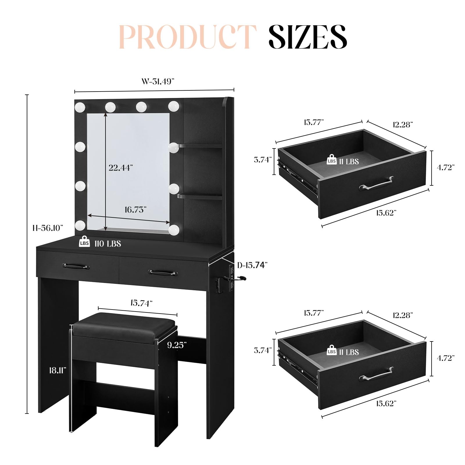 Vanity Desk with Mirror and Lights - Modern Dressing Table with LED Lights, Adjustable Brightness for Makeup & Skincare - Perfect for Bedroom, Dorm, or Salon (White)