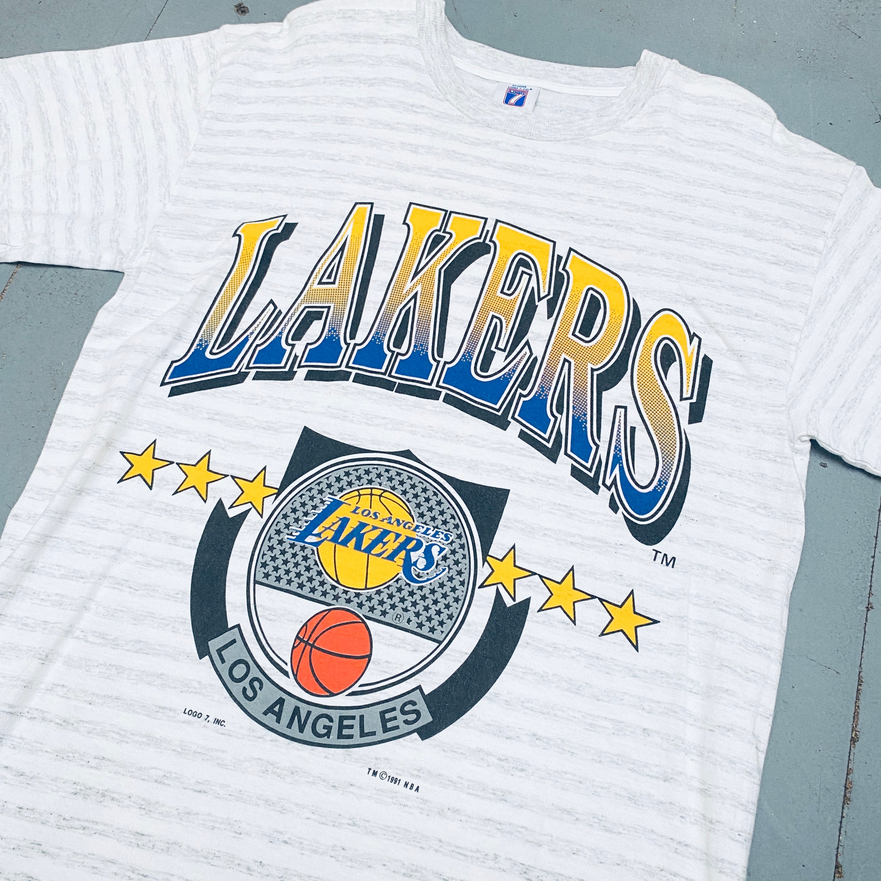 Los Angeles Lakers 1991 Logo 7 Graphic Spellout T-Shirt for Men - Vintage NBA Basketball Fan Jersey for Game Day & Casual Wear
