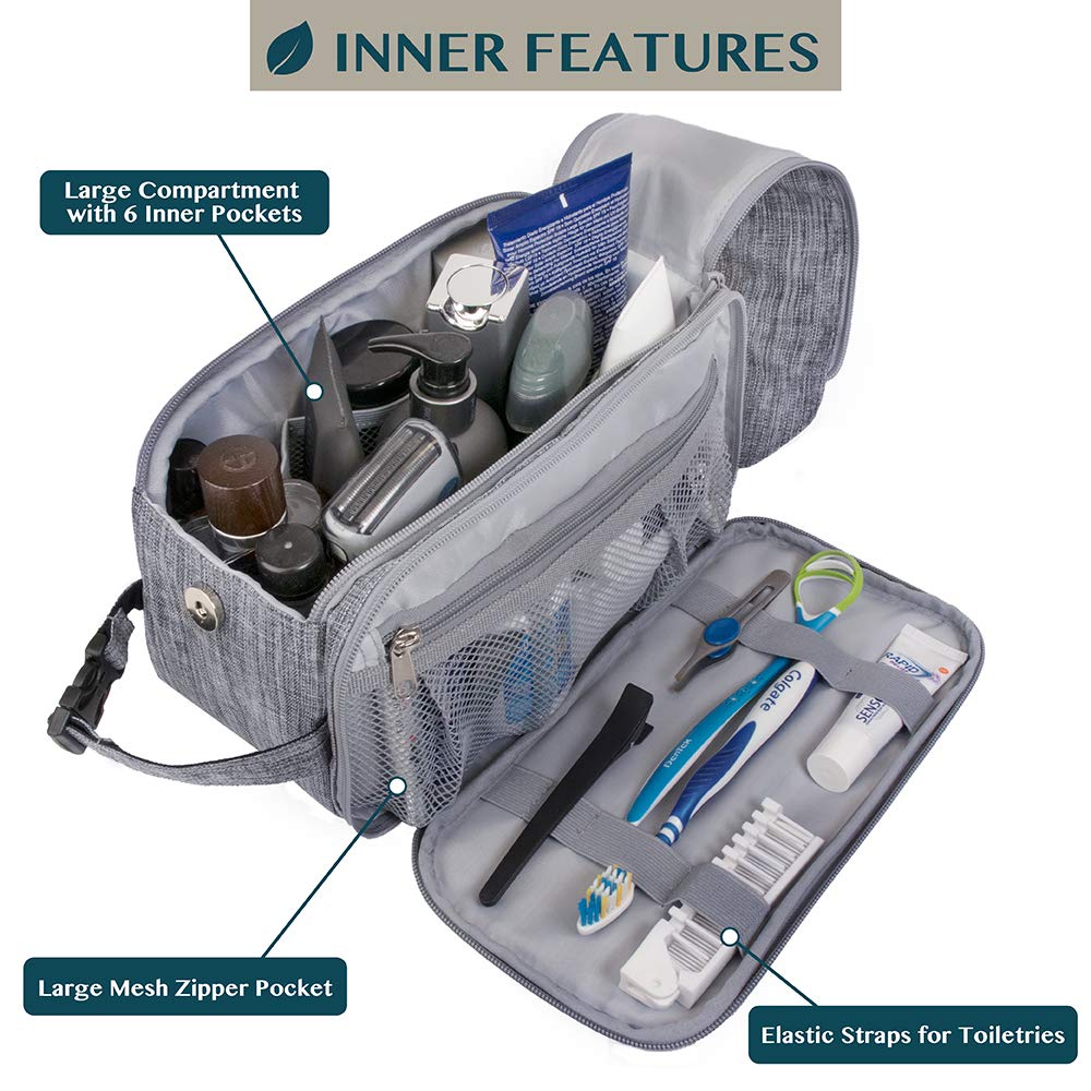 PAVILIA Men's Travel Toiletry Bag - Water Resistant PU Leather Dopp Kit & Shaving Essentials Organizer for Grooming (Heather Grey) - Perfect for Business Trips, Gym, Camping & Vacation