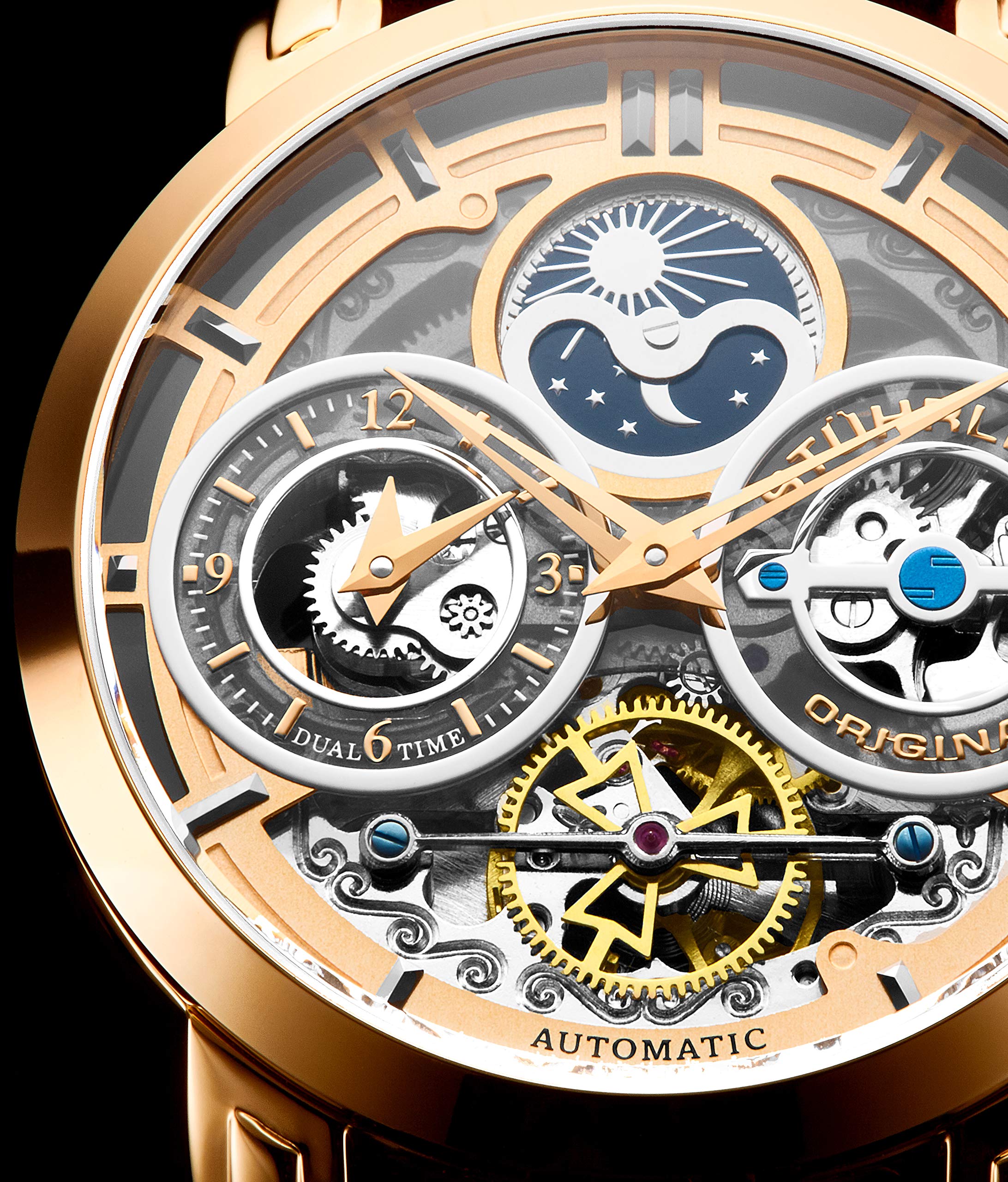Stührling Original Men's Automatic Watch - Stainless Steel, Silver Skeleton Dial, Dual Time, AM/PM Sun Moon Display, with Steel Bracelet - 371B Series | Perfect for Business, Formal Occasions & Watch Collectors