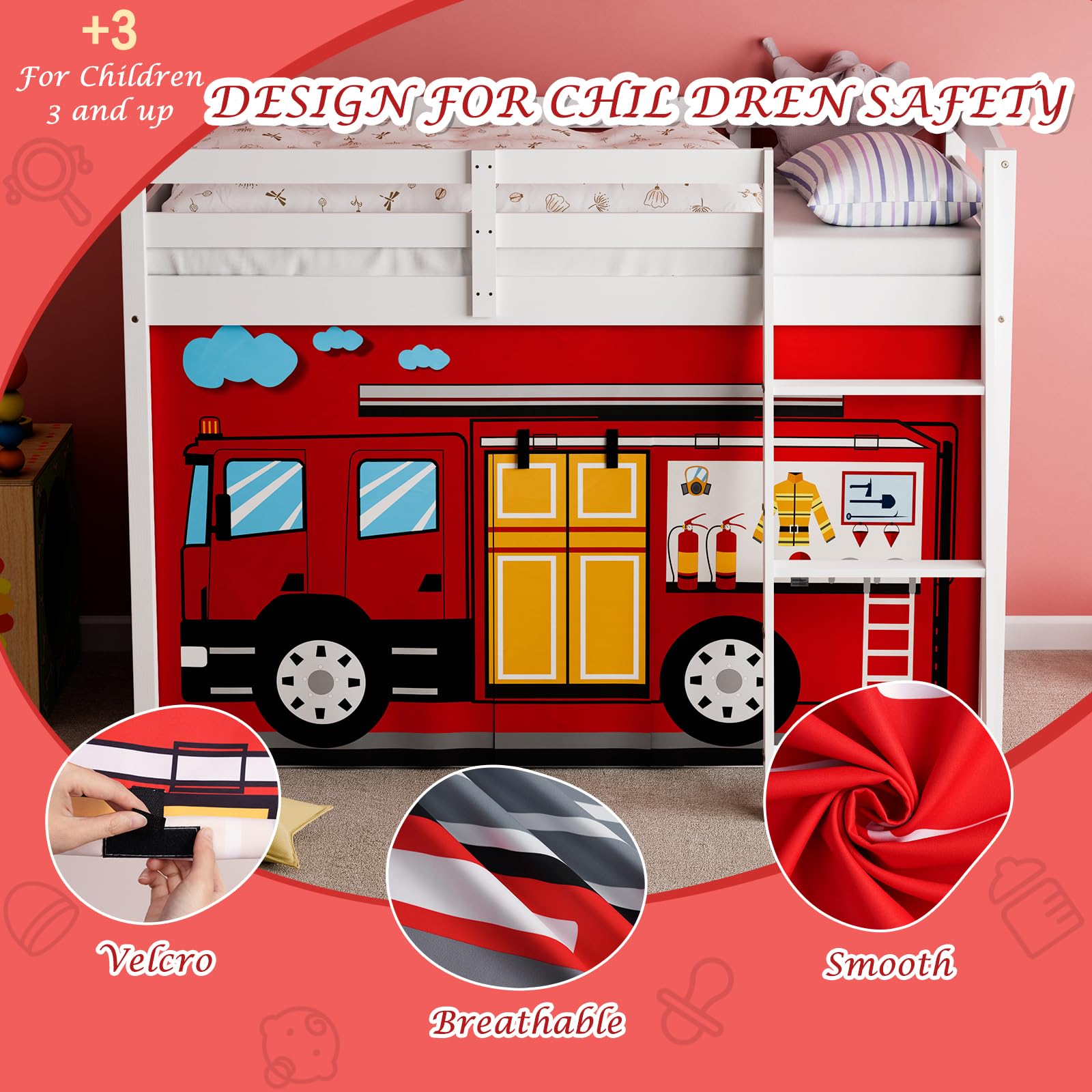 Fire Truck Bunk Bed Curtains - Premium Customizable Cartoon Loft Bed Curtains for Kids (3PCS, Twin Size) | Enhance Imagination & Room Decor | Perfect for Themed Bedrooms, Playrooms & Kids' Sleepovers