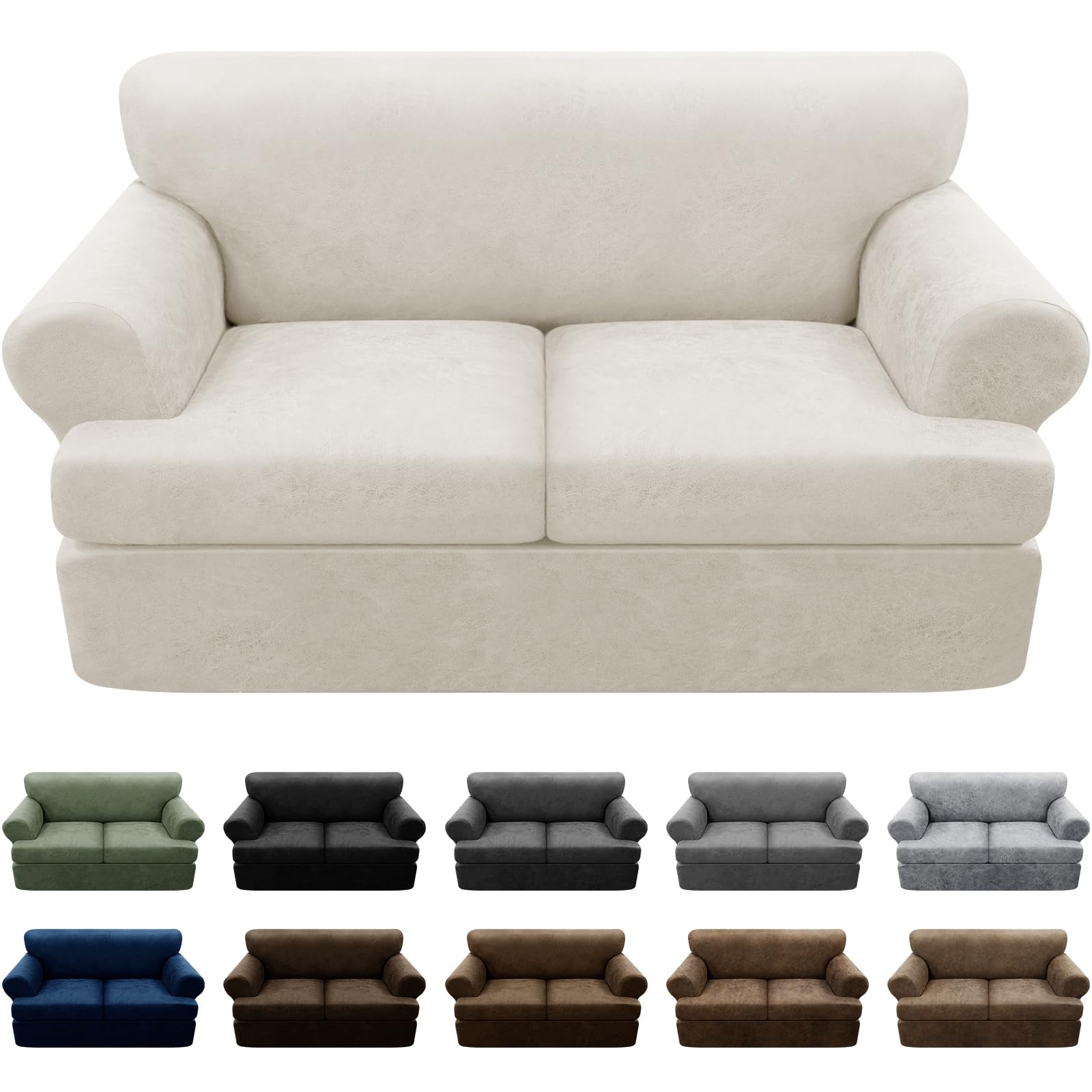 3-Piece T-Cushion Loveseat Slipcover Set - Faux Leather Stretch Sofa Cover for 2-Cushion Couches - Furniture Protector with 2 Individual Seat Covers (Beige) - Perfect for Living Room, Office, and Pet-Friendly Homes