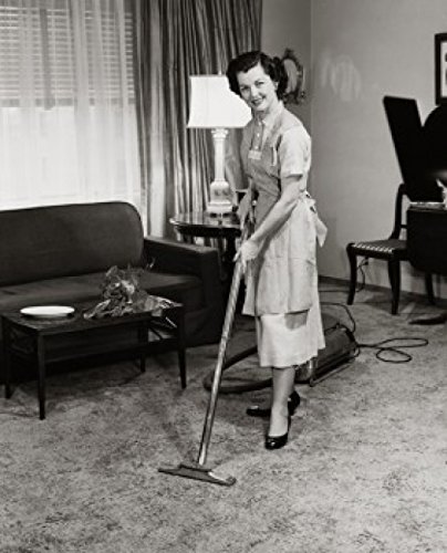 Portrait of Young Woman Cleaning Carpet with Vacuum Cleaner - Wall Art Poster Print 18x24 Inches - Perfect for Home, Office & Living Room Decor