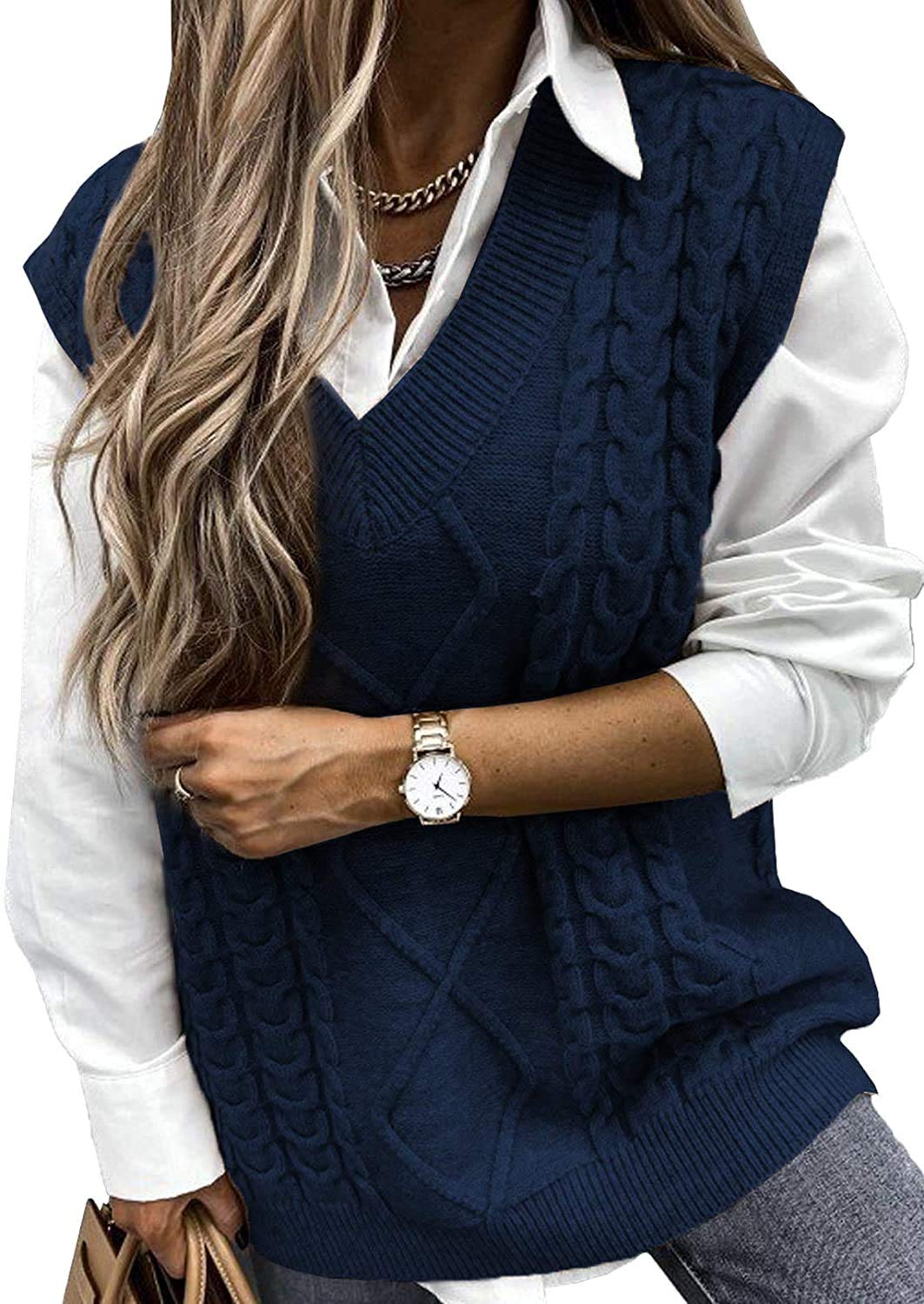 Yousify Women's Cable Knit Oversize Sweater Vest - V Neck Sleeveless Vintage Pullover Top for Casual Outfits, Fall Layering & Winter Fashion