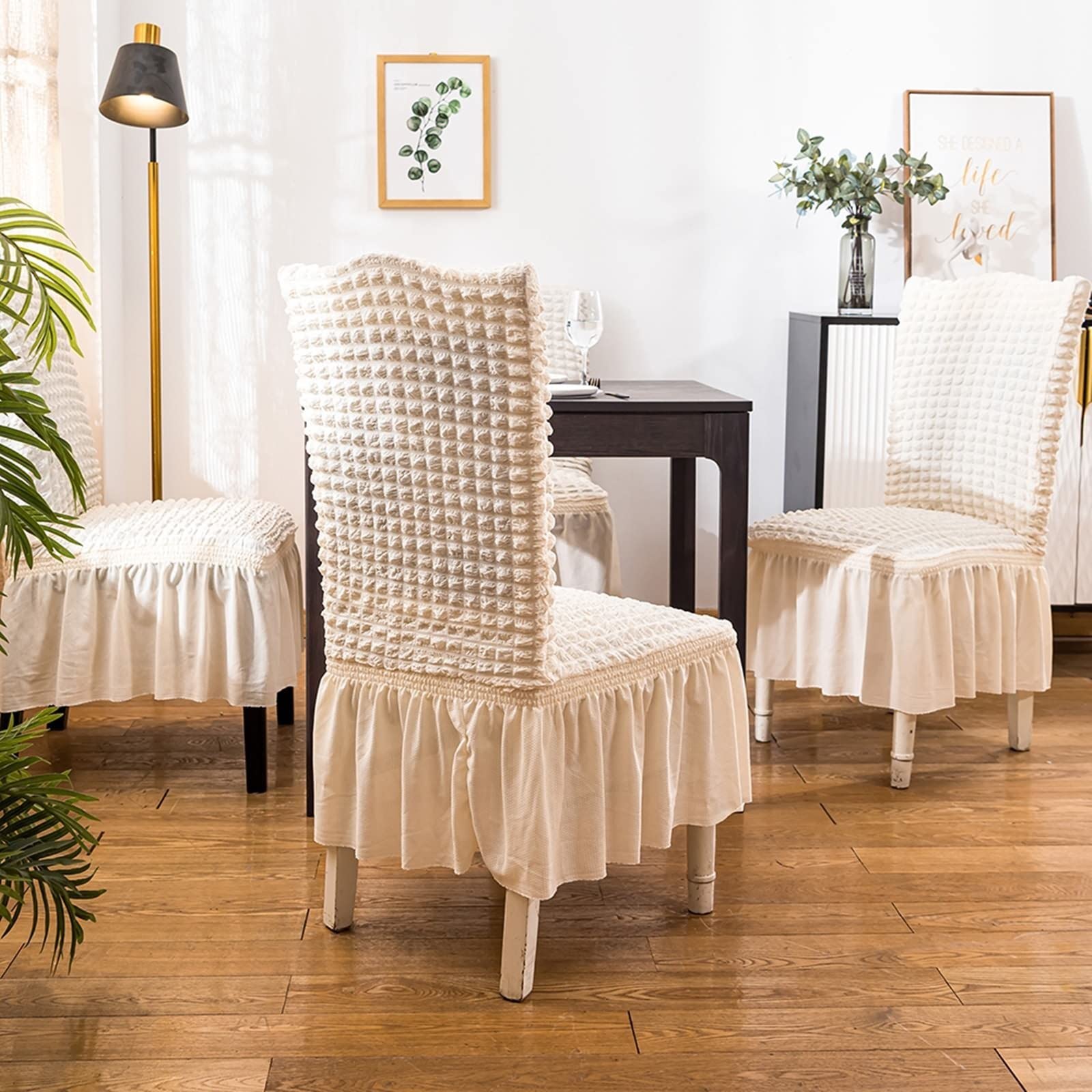**Daesar Universal Stretch Chair Covers 4-Pack - Washable & Removable Slipcovers for Dining & Kitchen Chairs - Bubble Plaid Pattern with Skirt - Polyester Fabric in Beige - Perfect for Home, Office, and Party Decor**