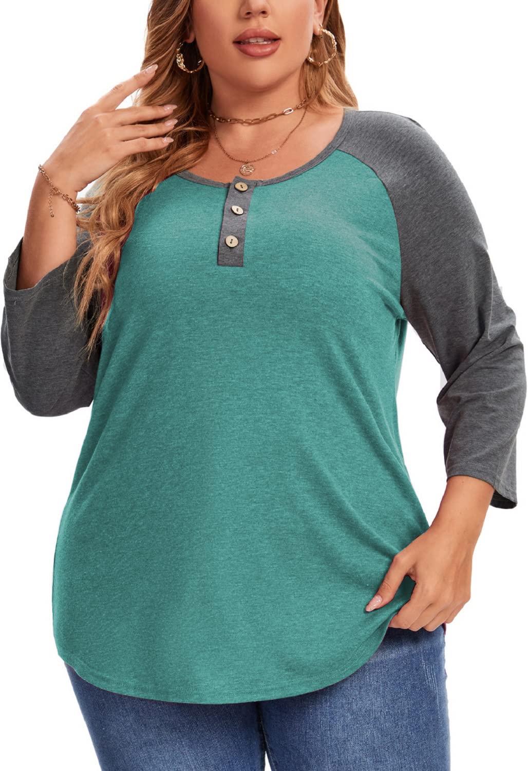 Plus Size Summer Tops for Women - 3/4 Sleeve V Neck Button Down Blouses - Casual Office Wear & Vacation Outfits