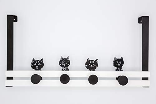 Creathome Over The Door Rail with 4 Peg Hooks - Black and White Cat Pattern for Hanging Coats, Hats & Bags | Space Saving Entryway Organizer for Bedroom, Bathroom & Closet